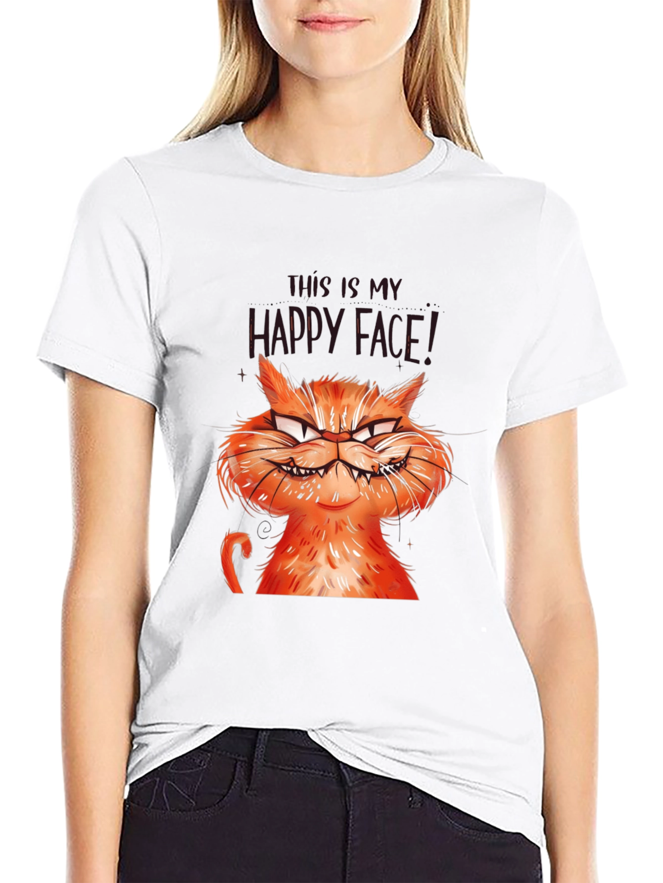 Black Grumpy Cat Graphic Tee - Happy Face T-Shirt view 9