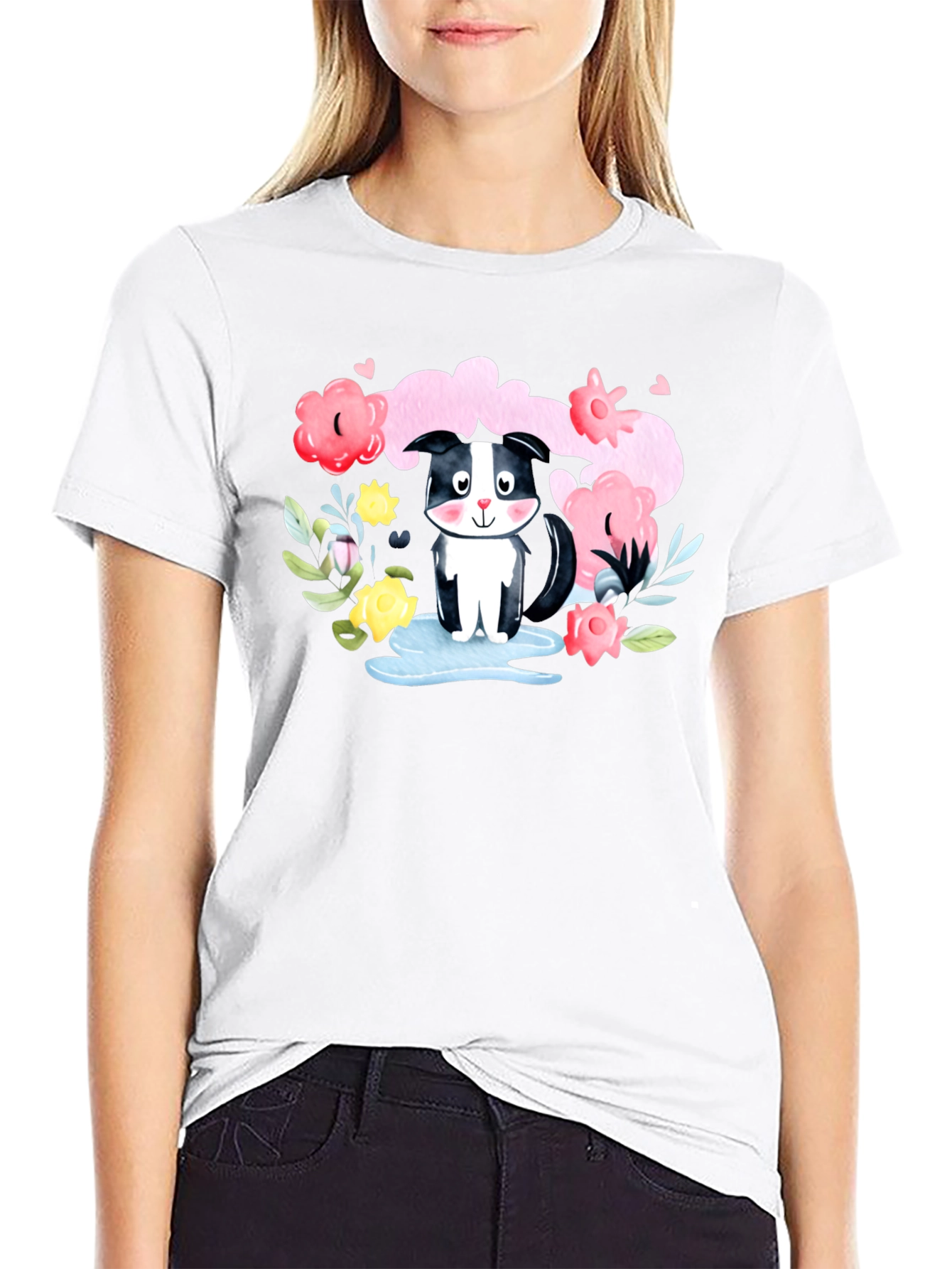 Black Cute Skunk in Watercolor Floral T-Shirt view 9