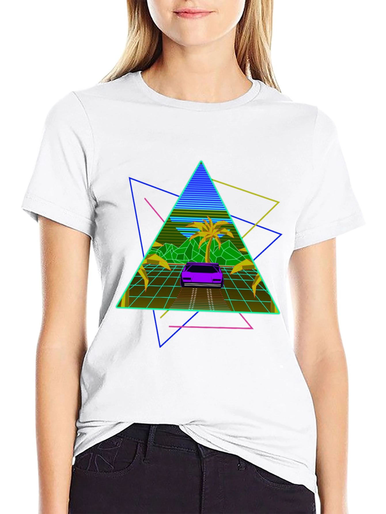 Black Retro Wave T-Shirt: 80s Style Car & Triangle Design view 9