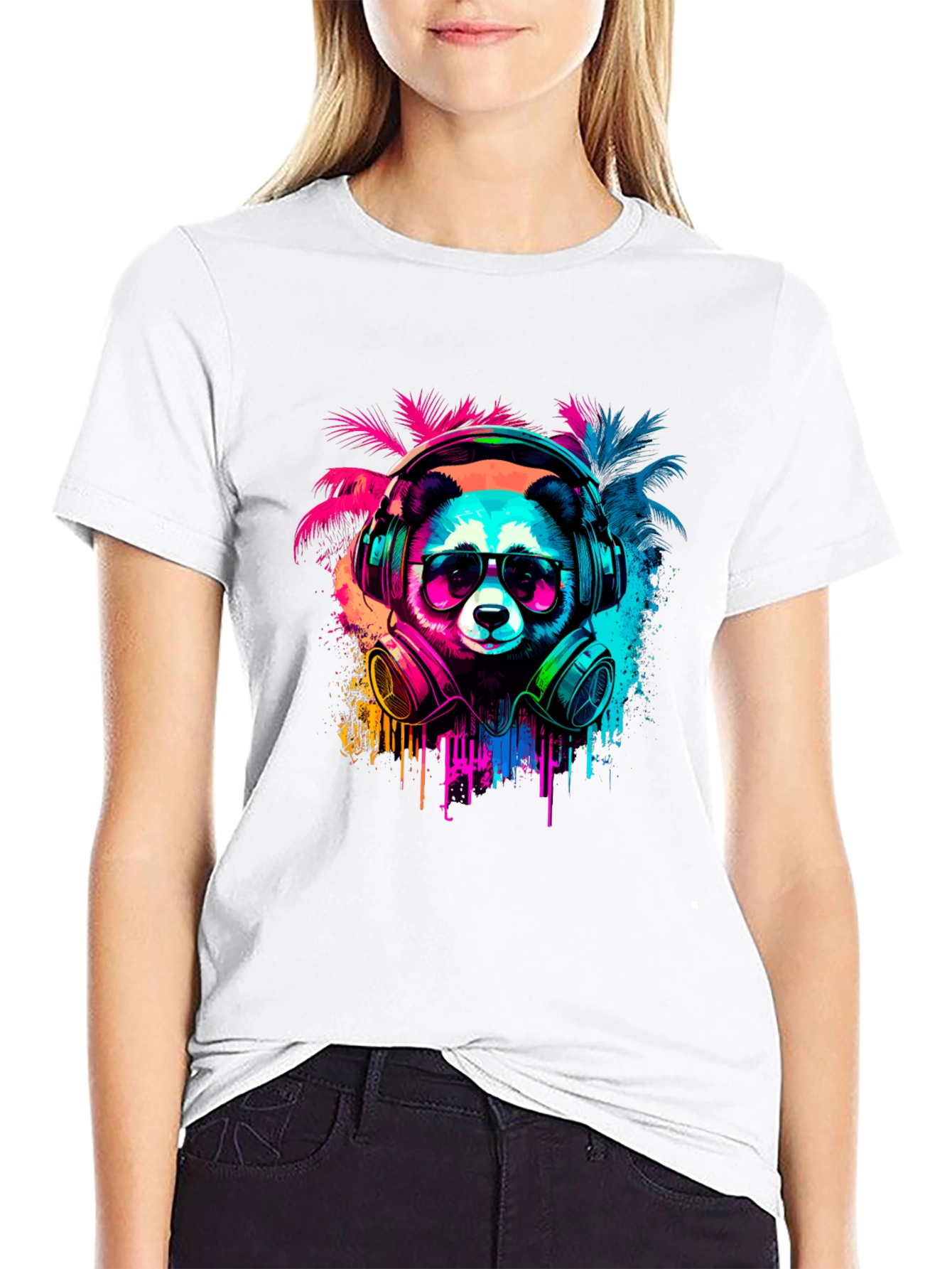 Black Neon Panda Headphones Graphic Tee view 9