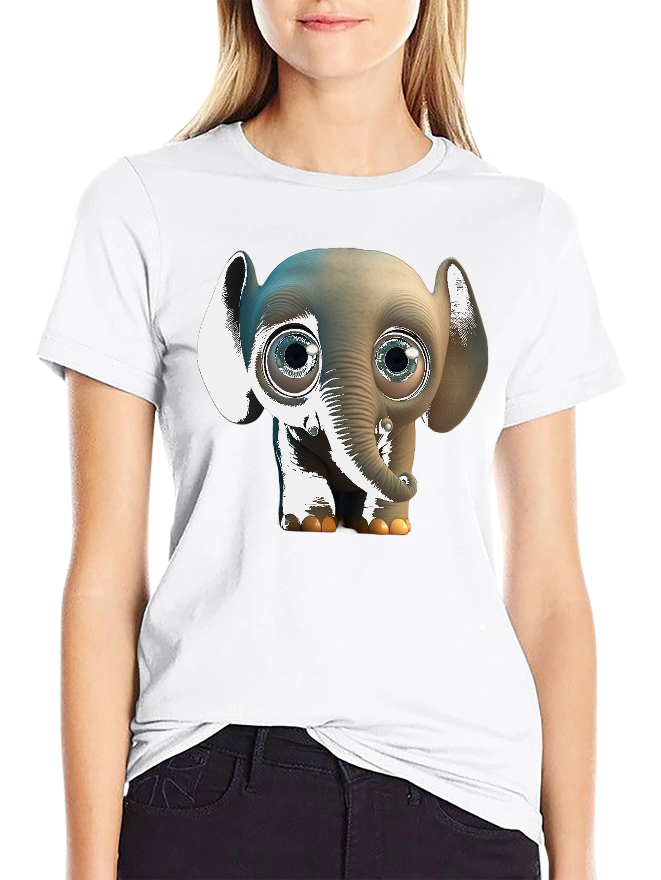 Black Cute Cartoon Elephant Graphic Tee - Black Cotton Comfort view 9