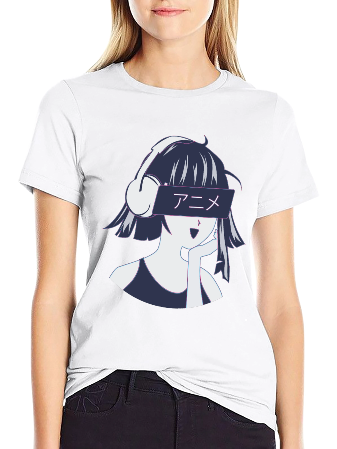 Black Anime Girl Headphones Graphic T-Shirt - Stylish Casual Wear view 9