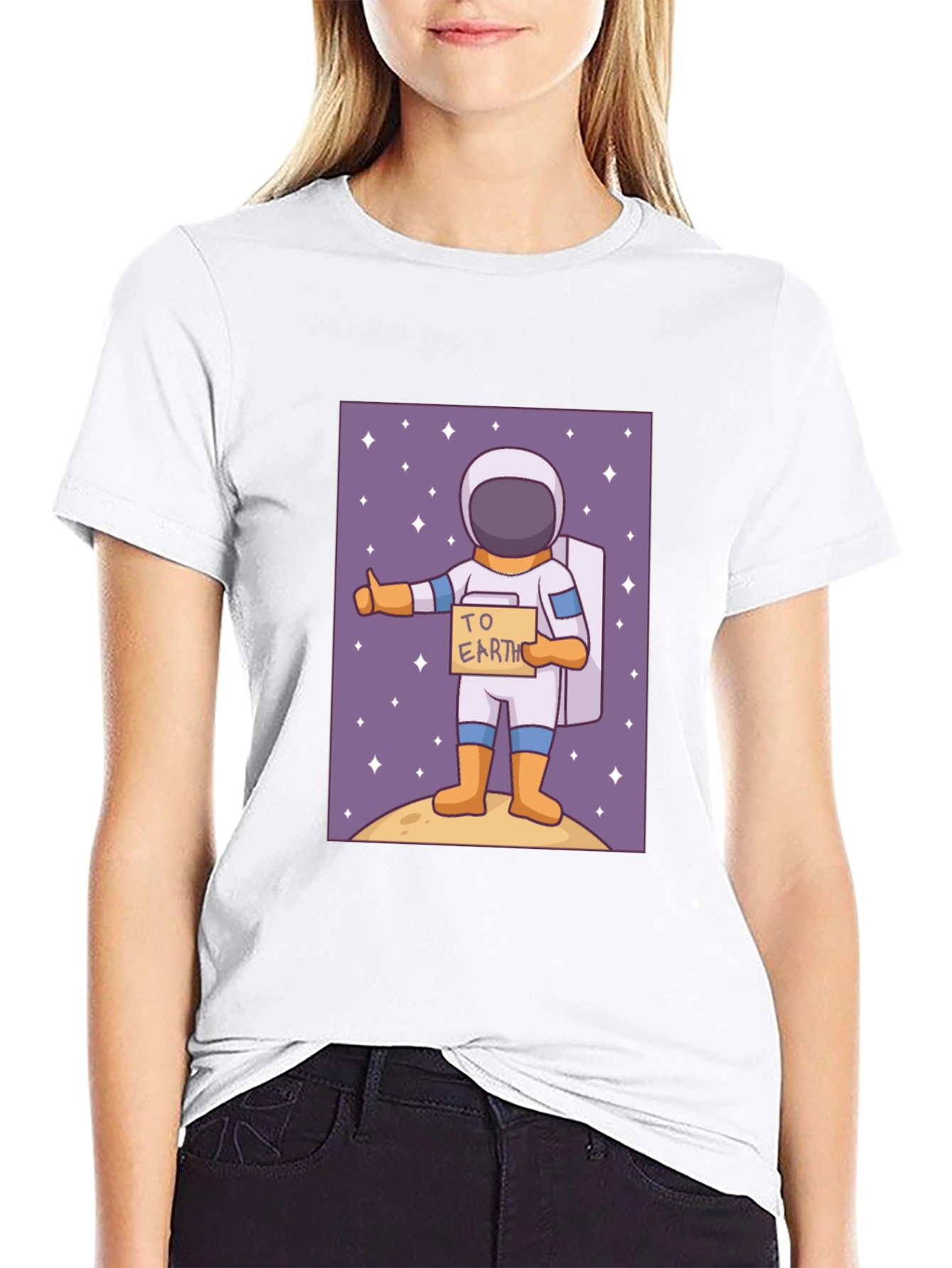 Black Astronaut Hitchhiking T-Shirt - To Earth Cartoon Tee view 9