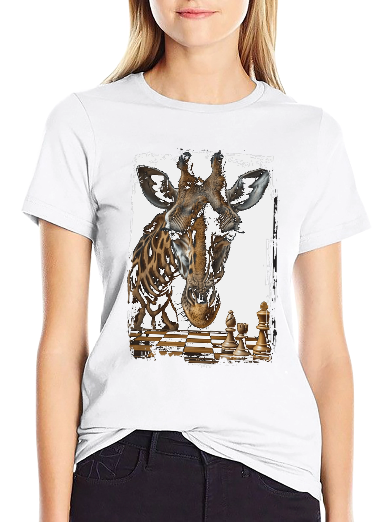 Black Giraffe Chess Graphic Tee - Novelty Design T-Shirt view 9