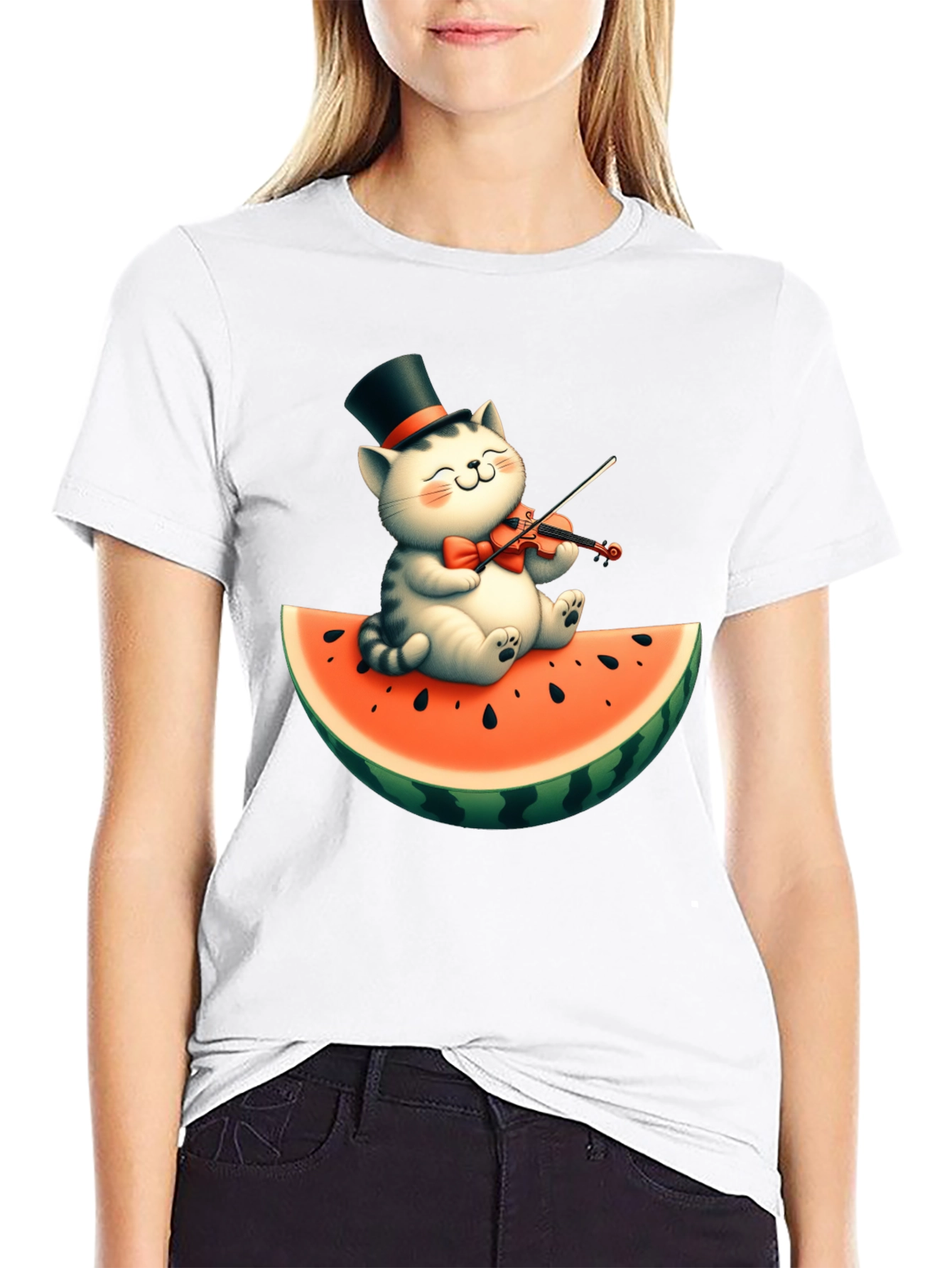 Black Cat Playing Violin on Watermelon Graphic Tee view 9