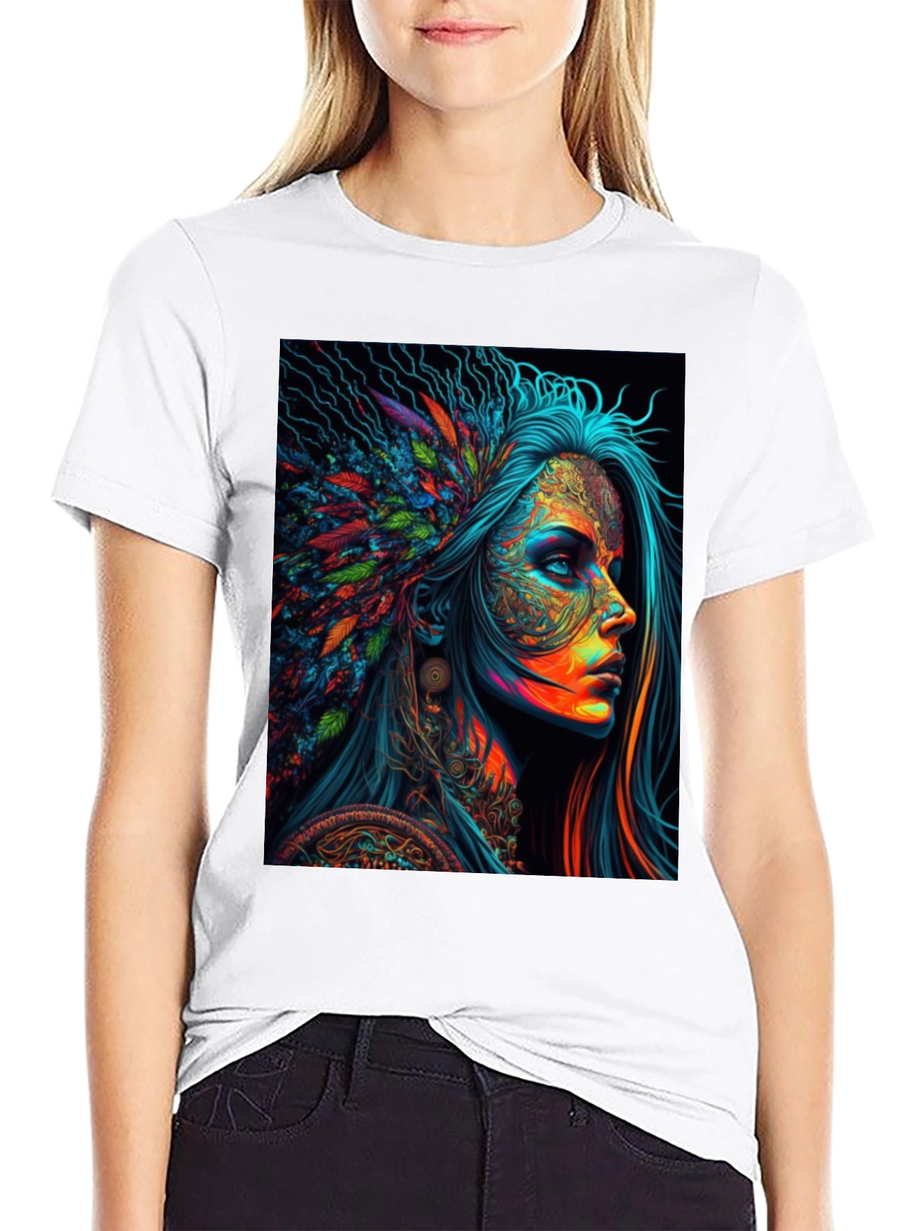 Black Vibrant Psychedelic Woman Graphic T-Shirt view 9