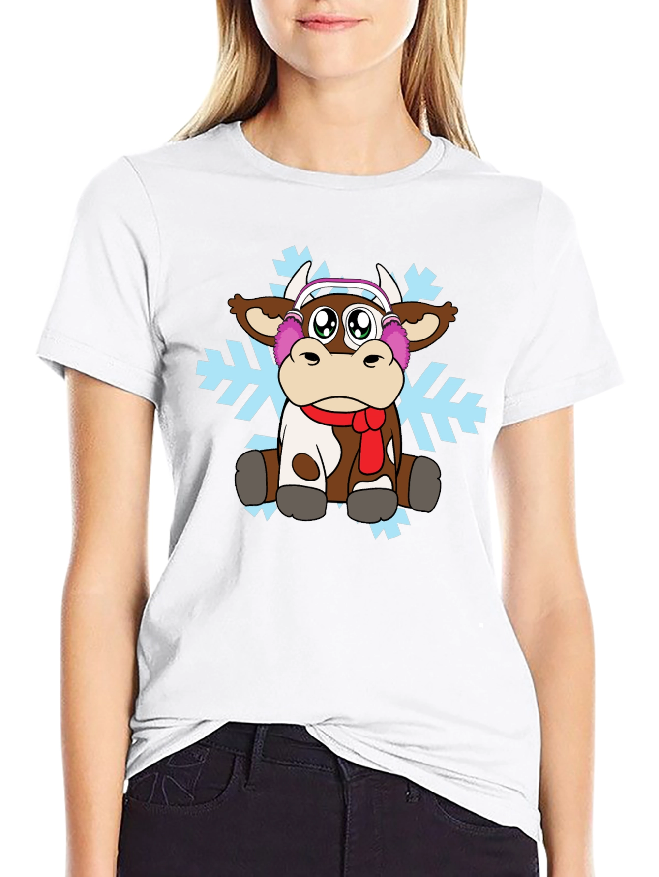 Black Cute Cartoon Cow Winter T-Shirt view 9
