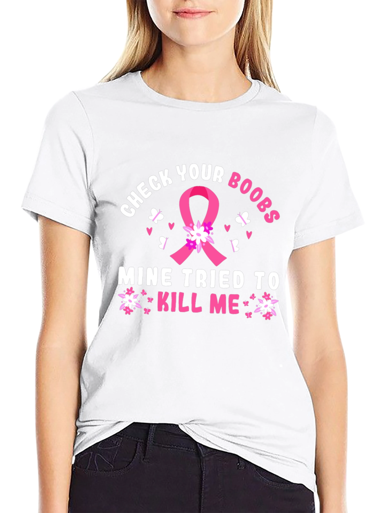 Black Check Your Boobs Breast Cancer Awareness T-Shirt view 9