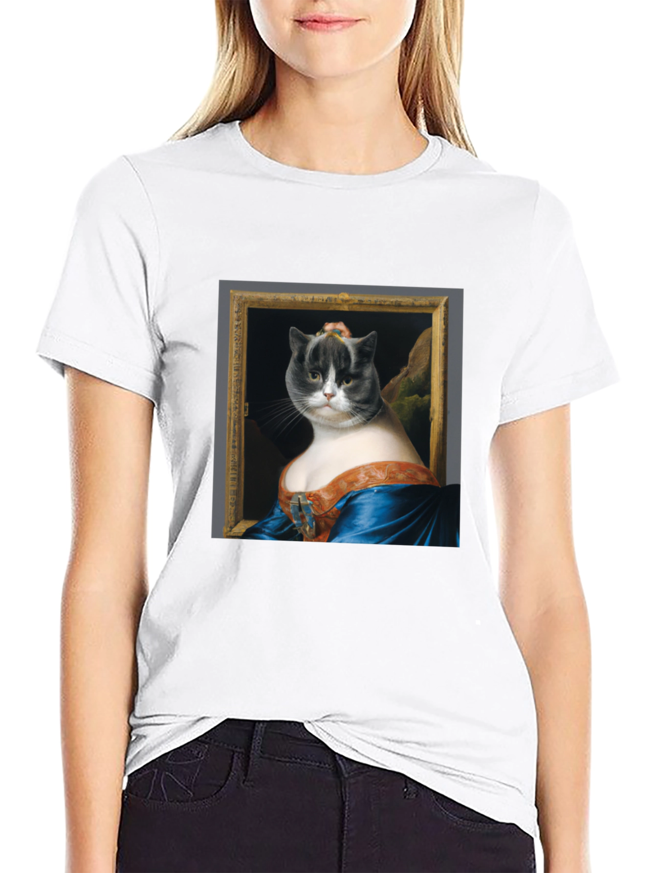 Black Mona Lisa Cat Portrait Graphic Tee - Black Cotton T-Shirt view 9
