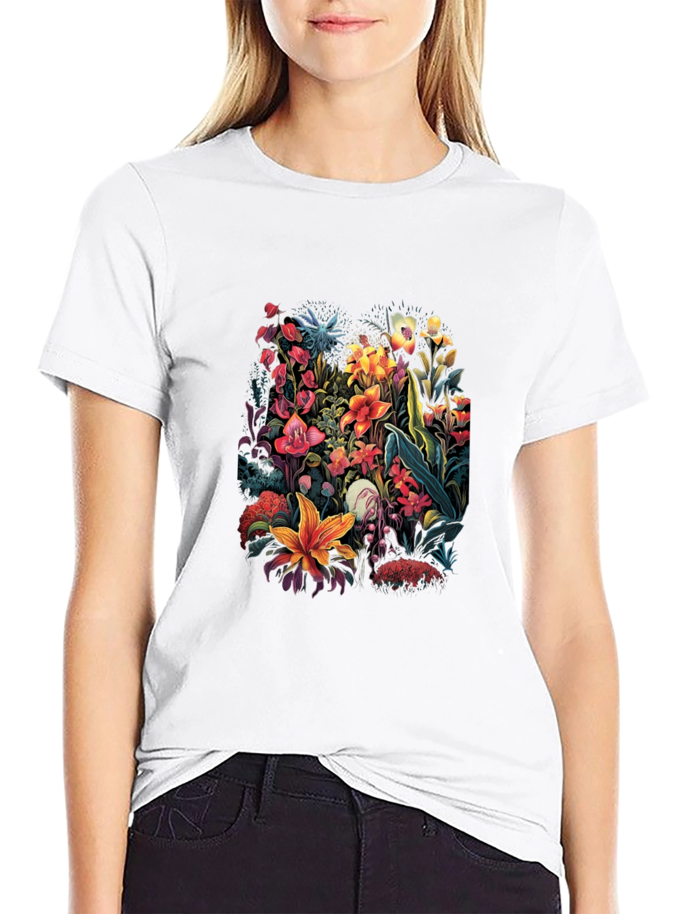 Black Floral Print T-Shirt - Botanical Design view 9