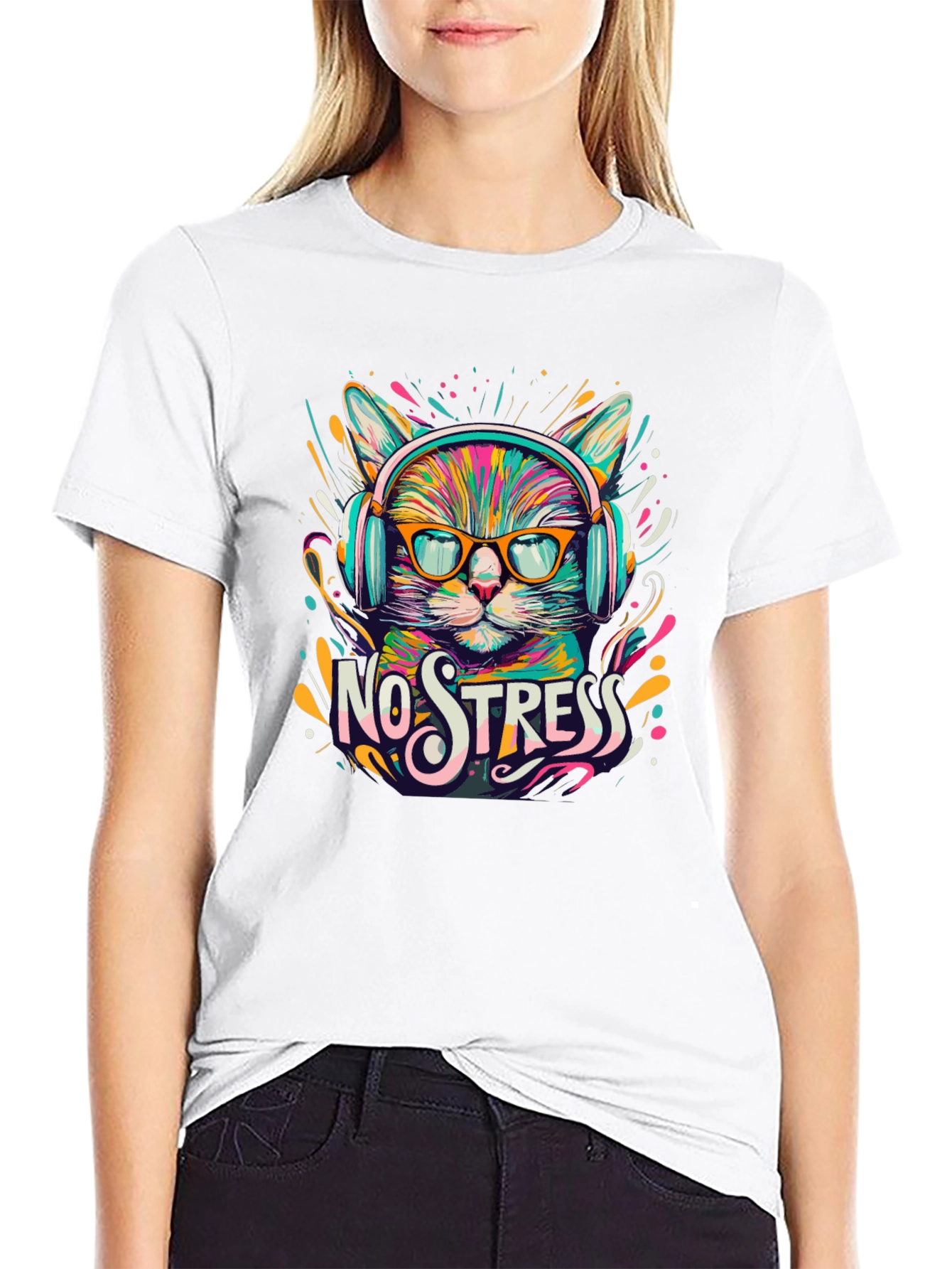 Black No Stress Cat T-Shirt view 9