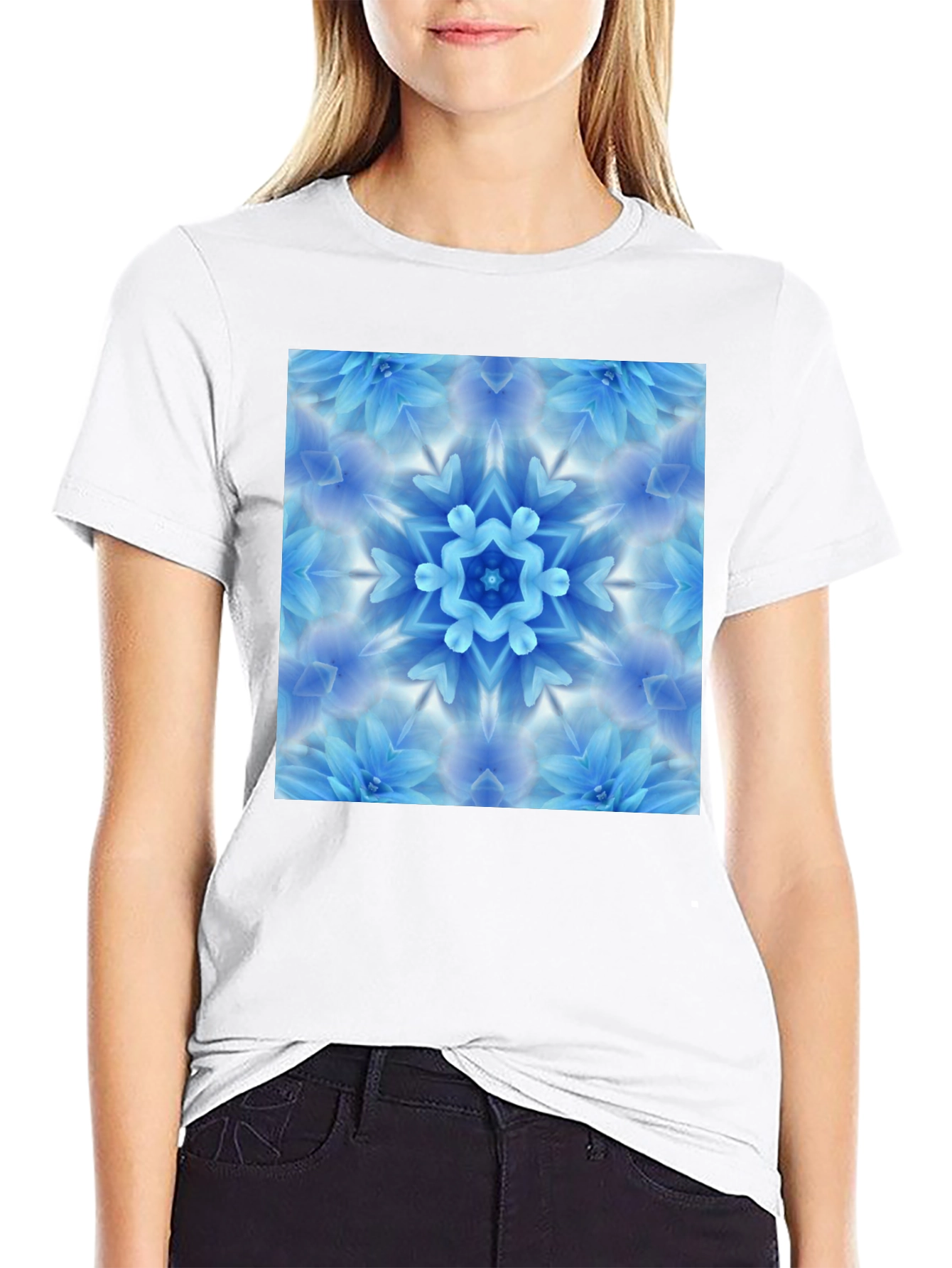 Black Black Tee with Blue Flower Mandala Graphic view 9