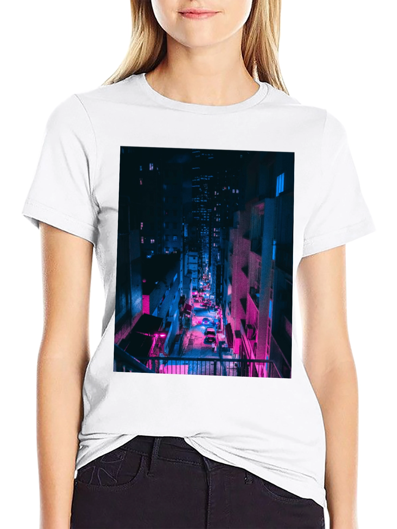 Black Cyberpunk Cityscape Black T-Shirt view 9