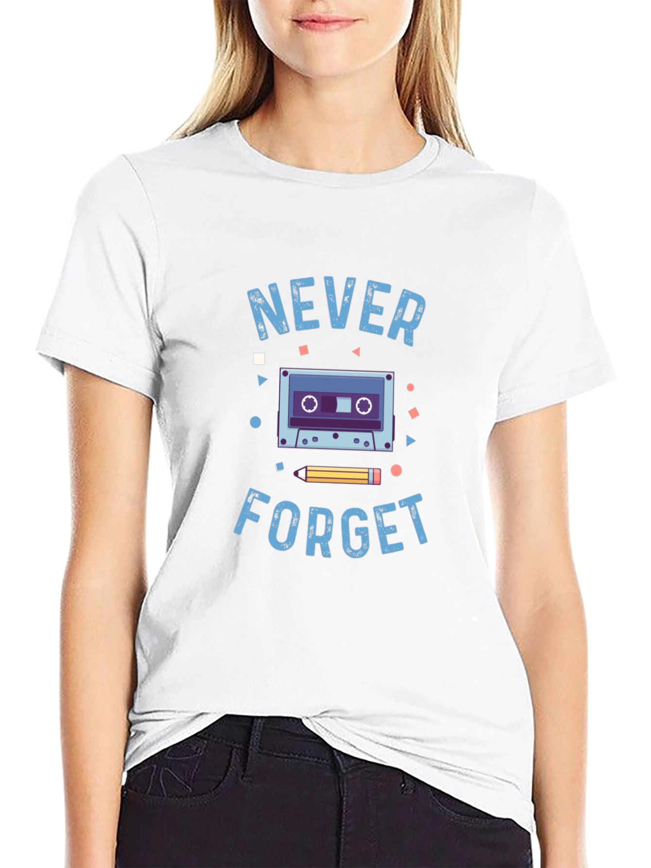 Black Retro Cassette Tape Never Forget Graphic Tee view 9