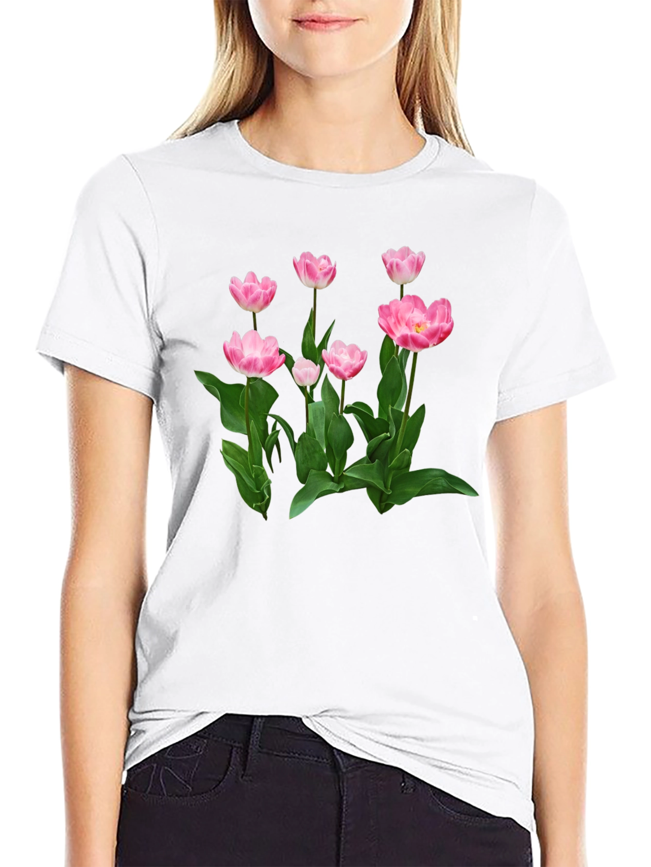 Black Floral Print T-Shirt - Pink Tulip Design view 9