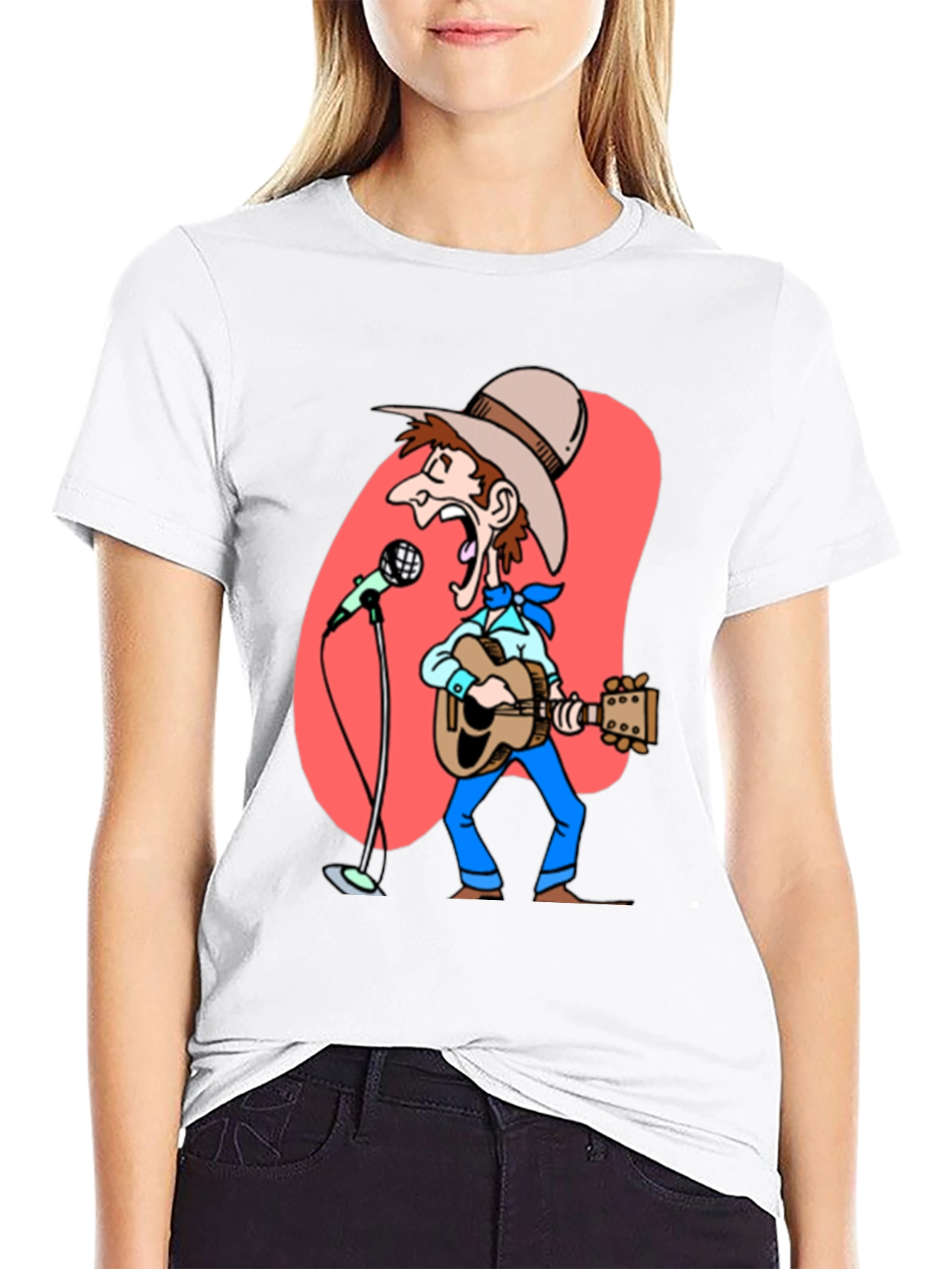 Black Cartoon Cowboy T-Shirt - Guitar & Microphone Graphic view 9