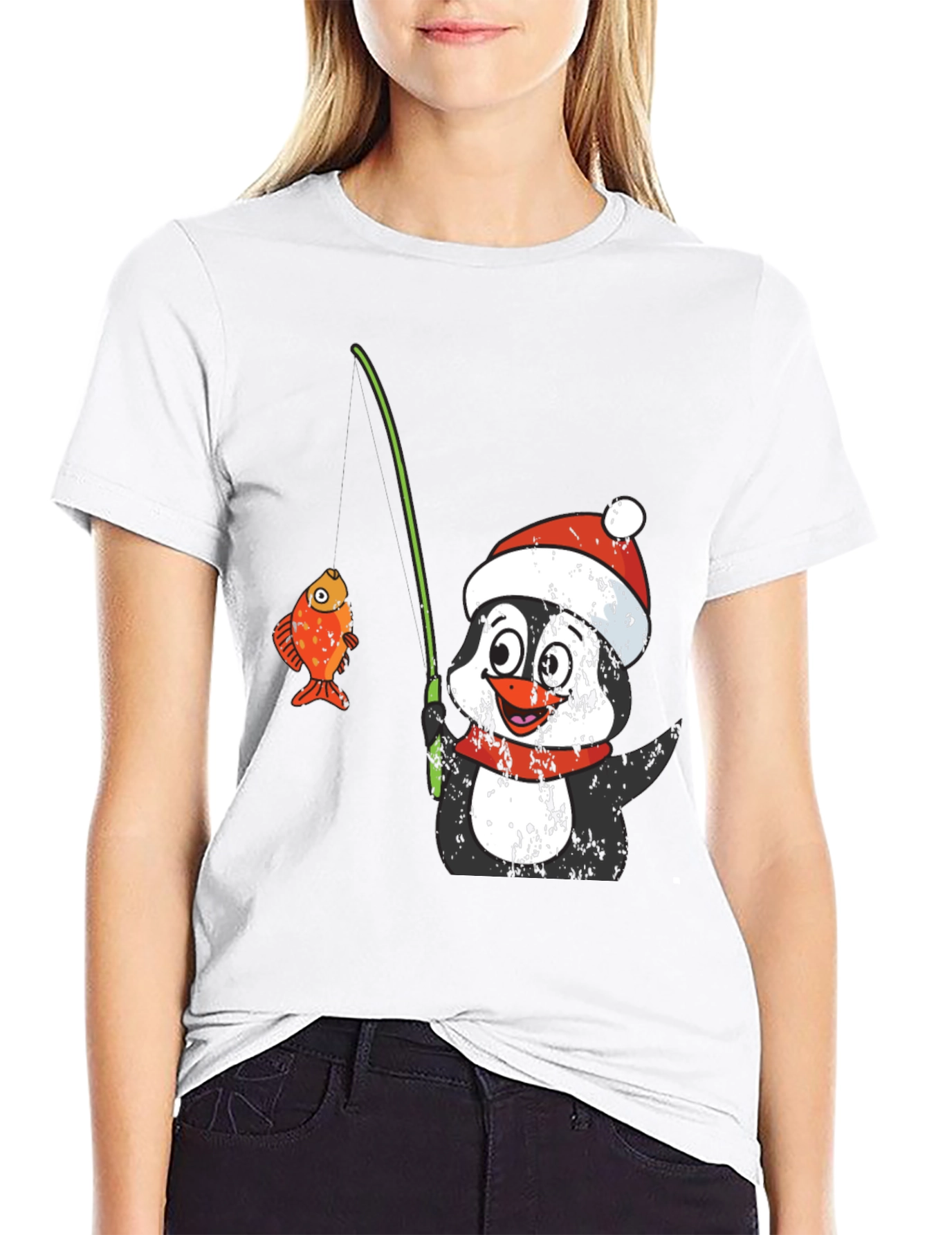 Black Penguin Fishing T-Shirt - Festive Holiday Wear view 9