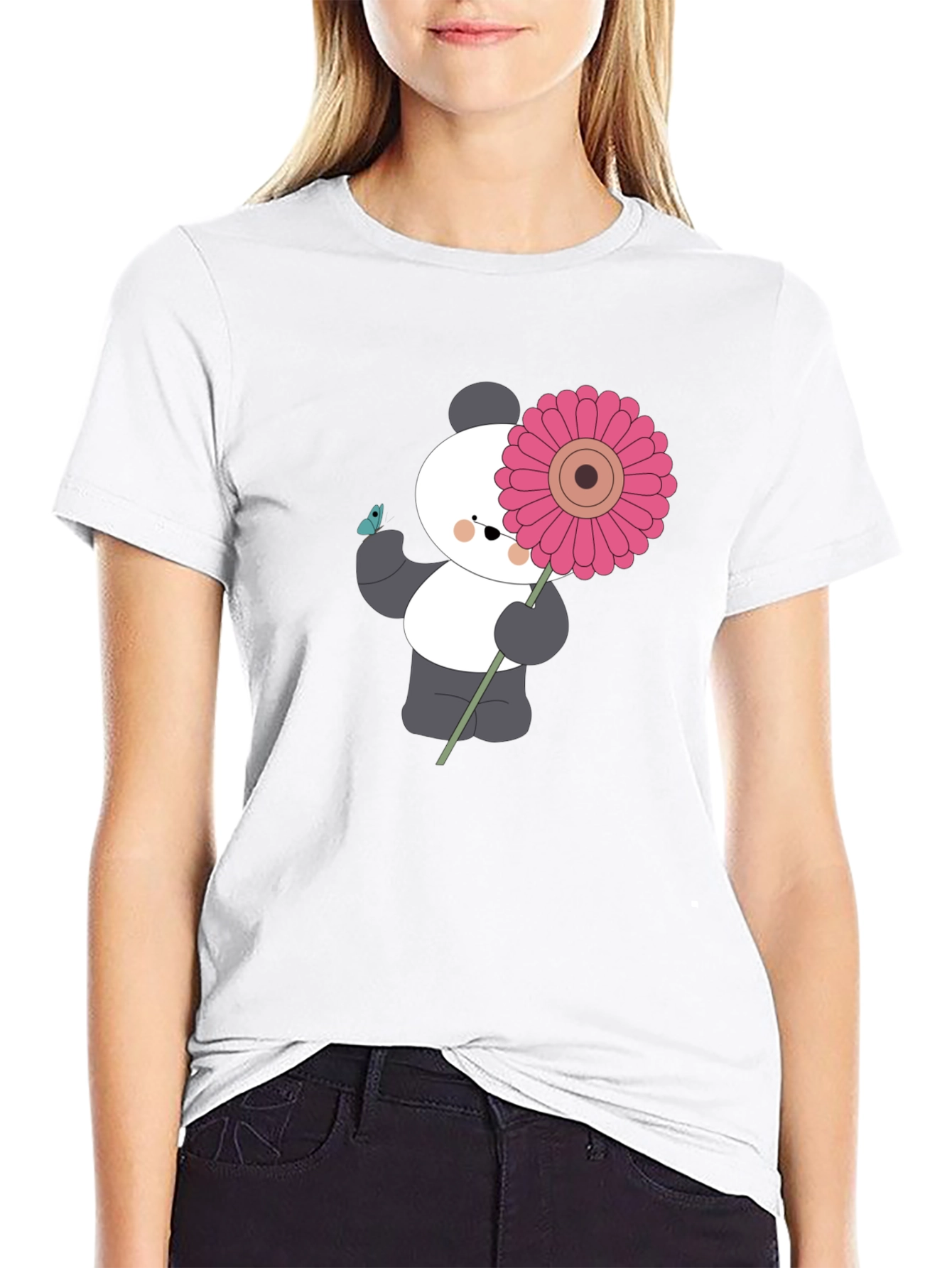 Black Panda with Flower Graphic Black T-Shirt view 9