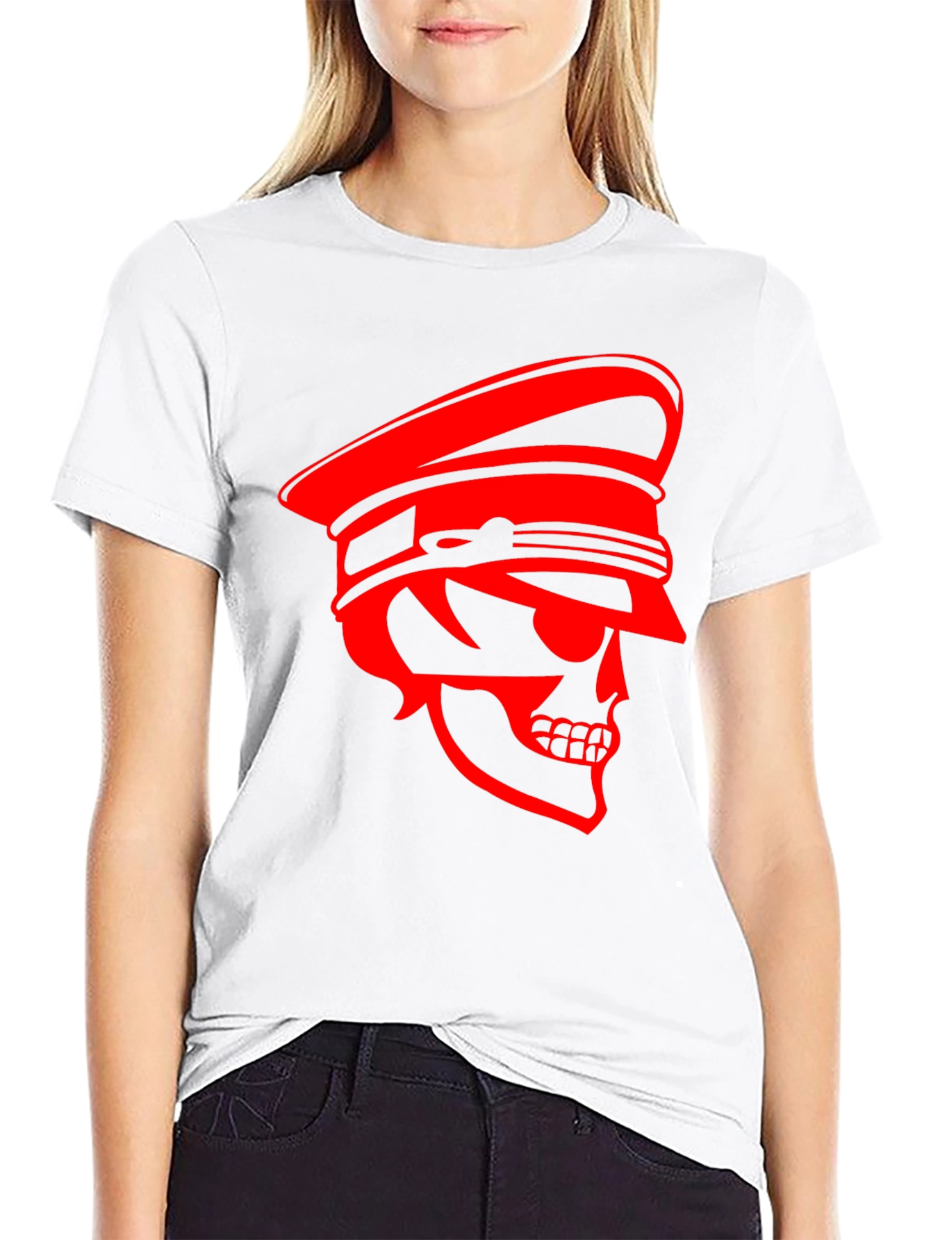 Black Skull Captain Graphic Tee - Bold Red Design on Black Cotton view 9