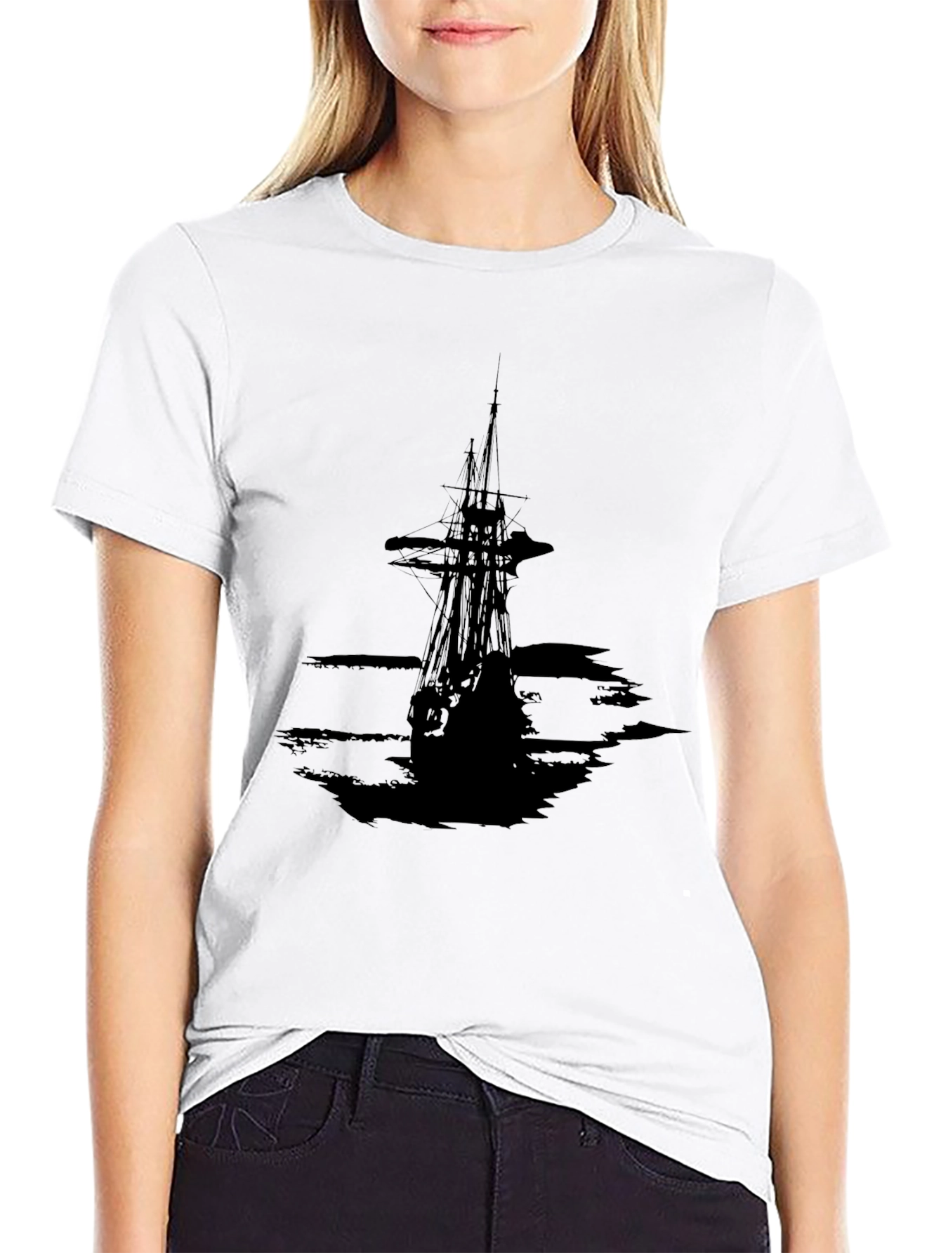 Men's Black T-Shirt with Pirate Ship Graphic - 9