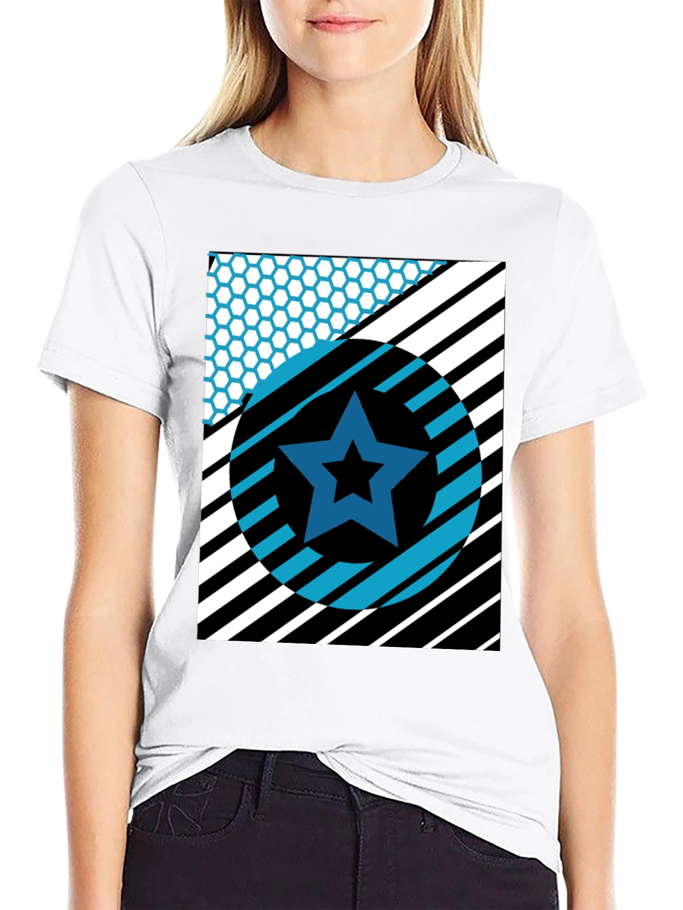 Black Geometric Star Graphic Tee - Black Cotton T-Shirt view 9