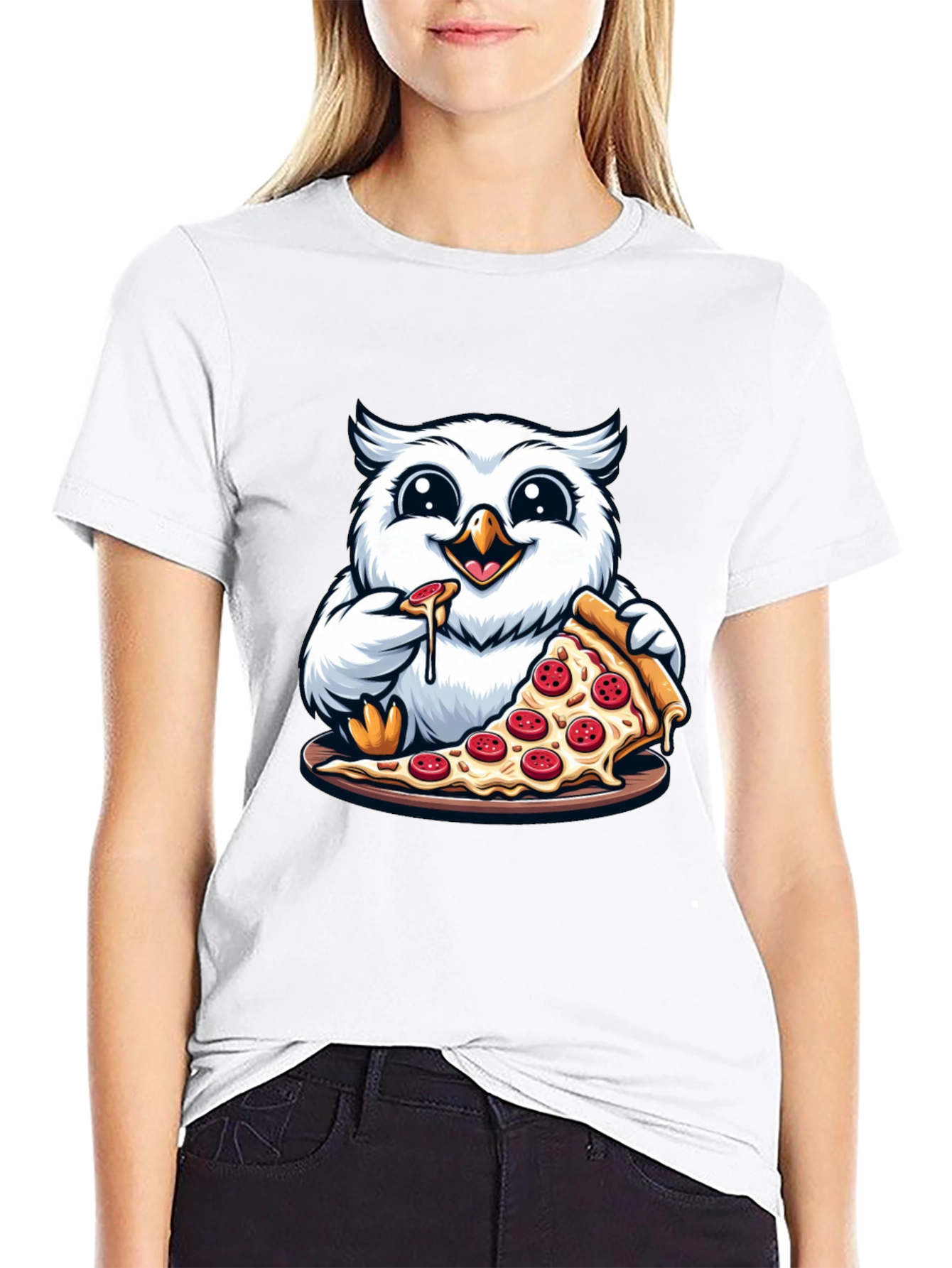 Black Owl Pizza Lover T-Shirt - Cute Cartoon Graphic Tee view 9
