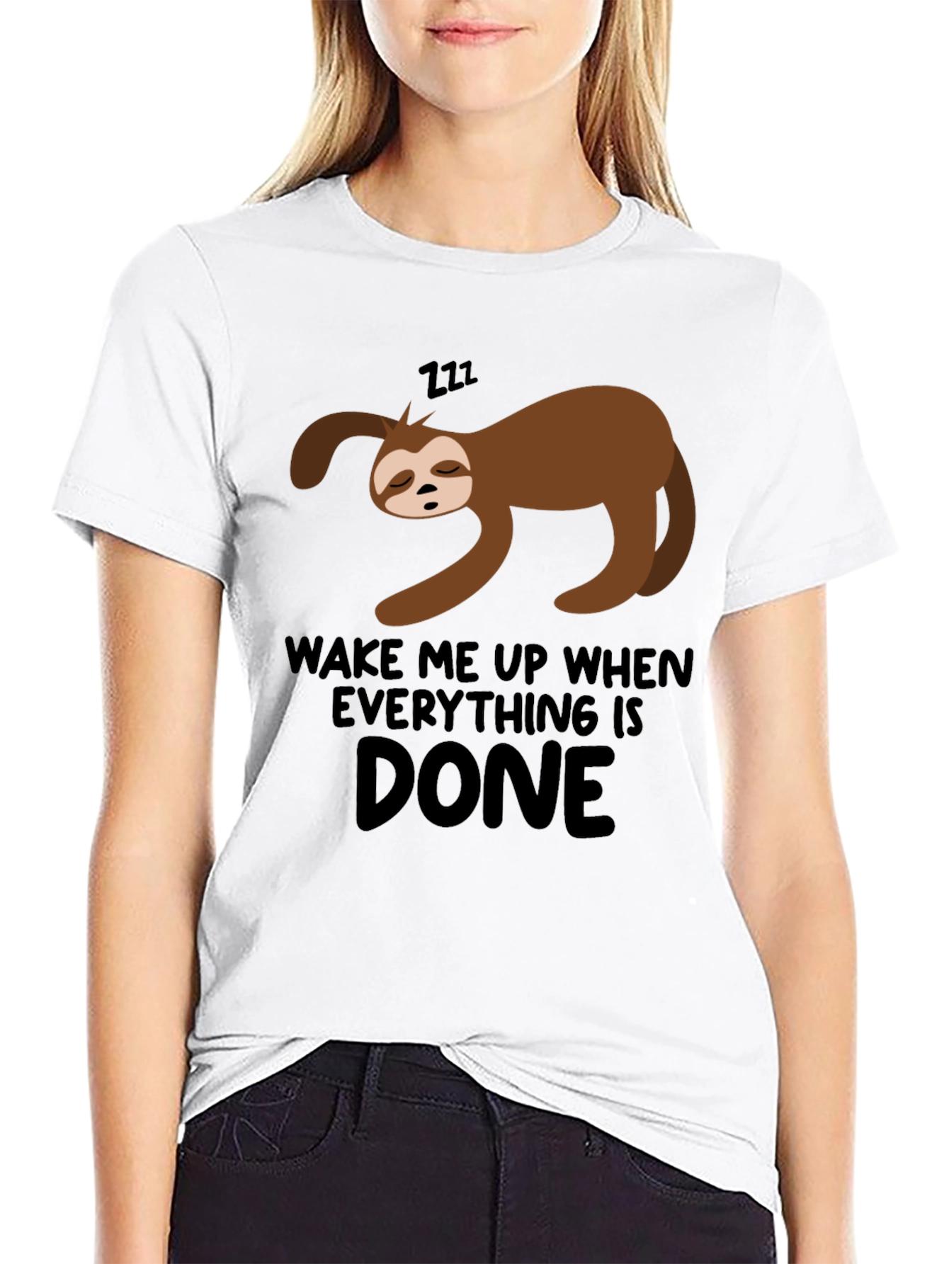 Black Lazy Sloth 'Wake Me Up When Done' Black T-Shirt view 9