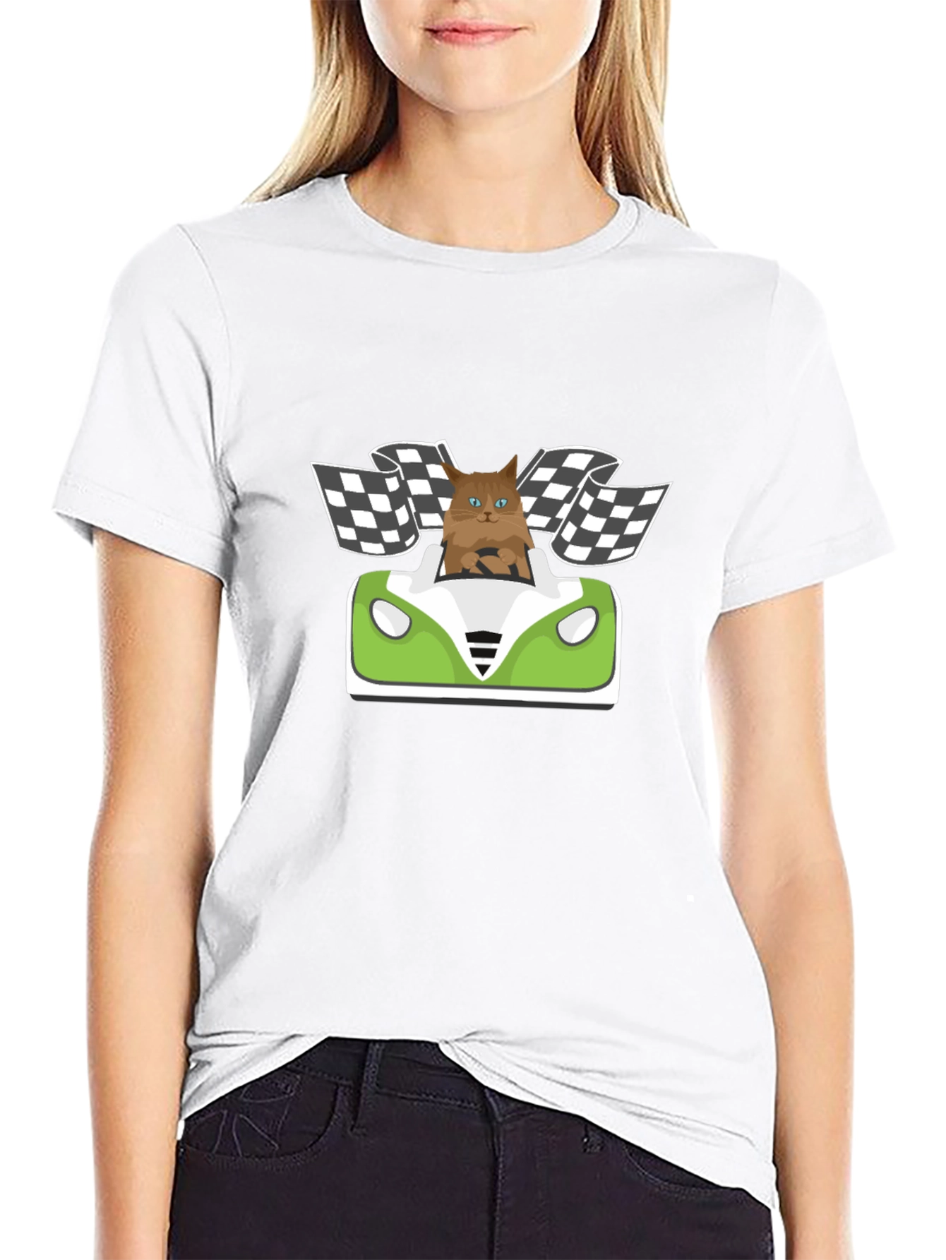 Black Cat Racer T-Shirt: Funny Cartoon Cat Driving view 9
