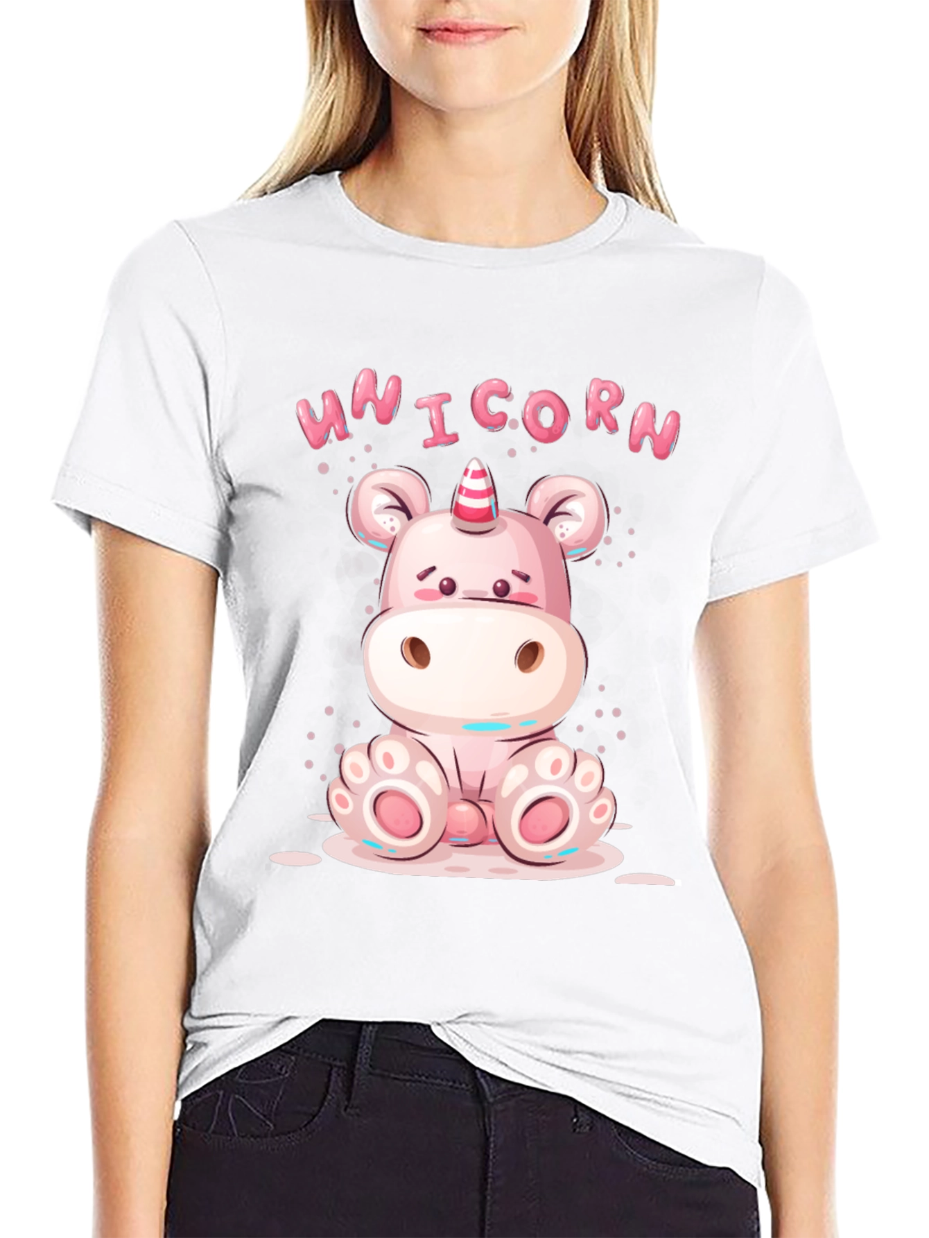 Black Cute Unicorn Cartoon Black T-Shirt view 9