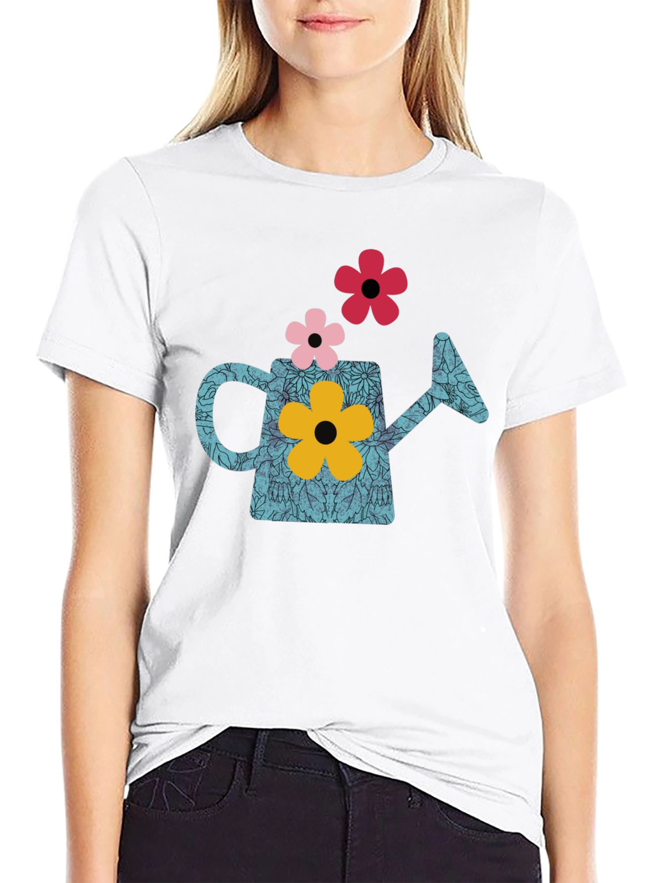 Black Watering Can Flower Graphic T-Shirt - Black view 9