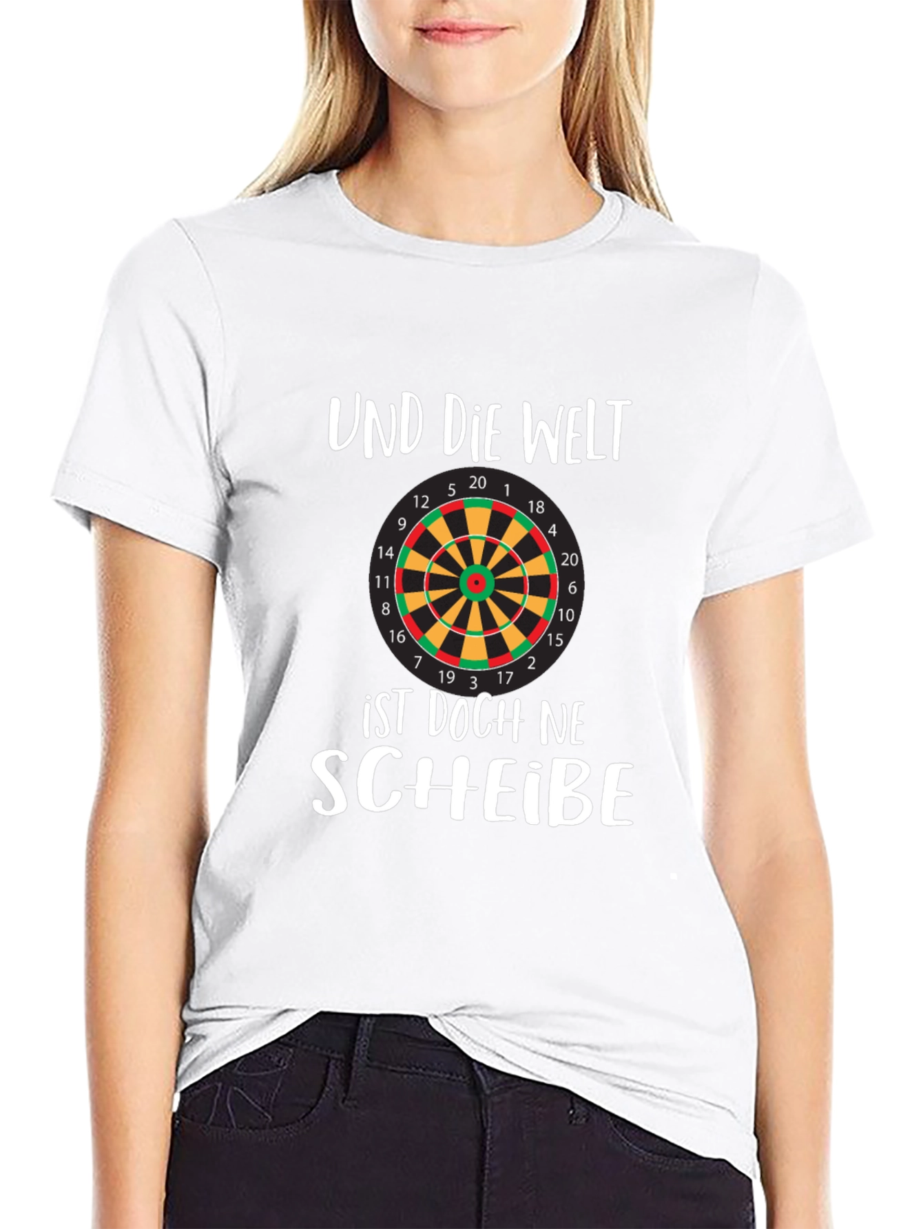 Black Humorous Dartboard T-Shirt - 'Und Die Welt' Design view 9