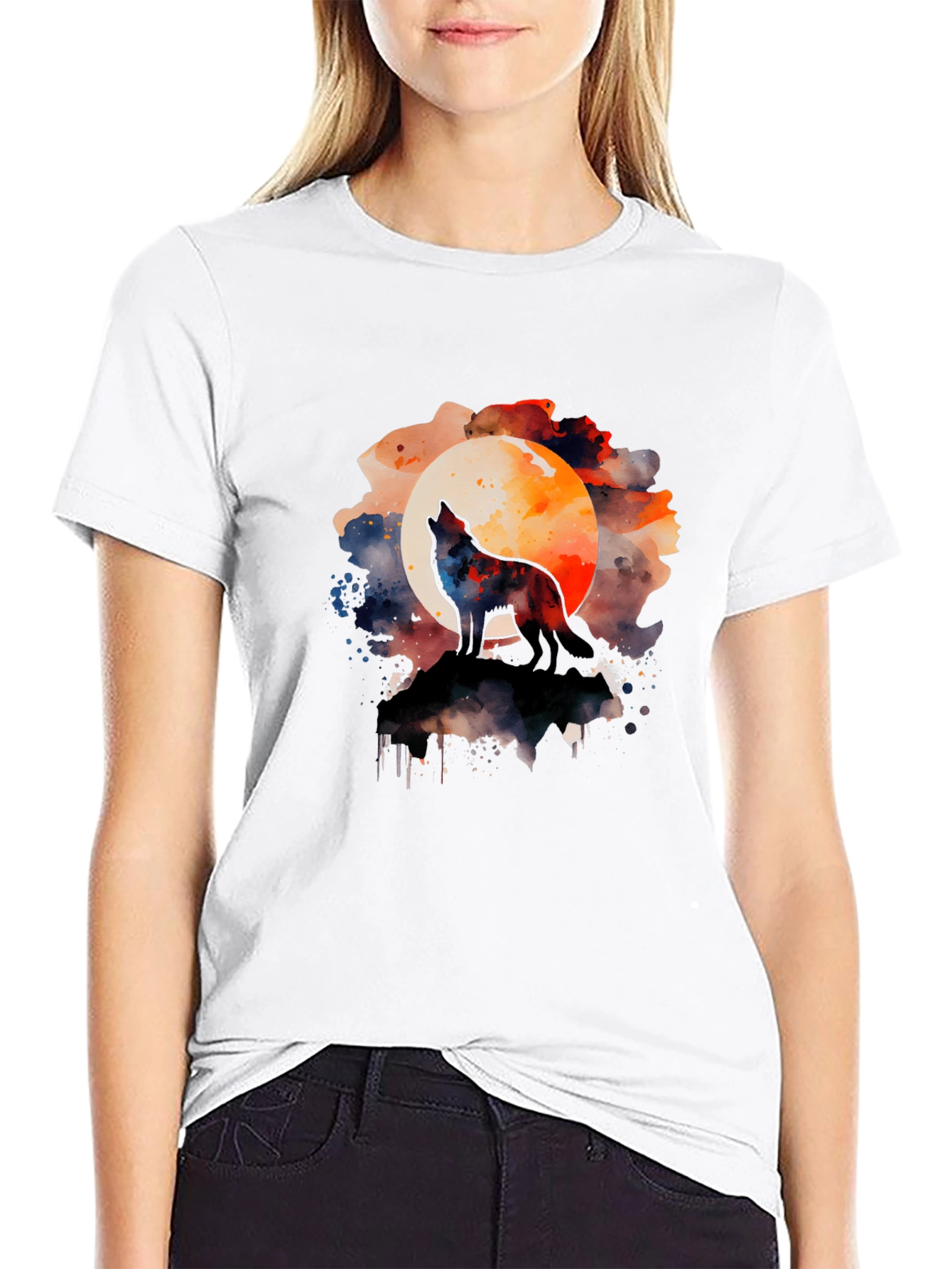Black Wolf Howling Moon Watercolor Graphic Tee - Black view 9
