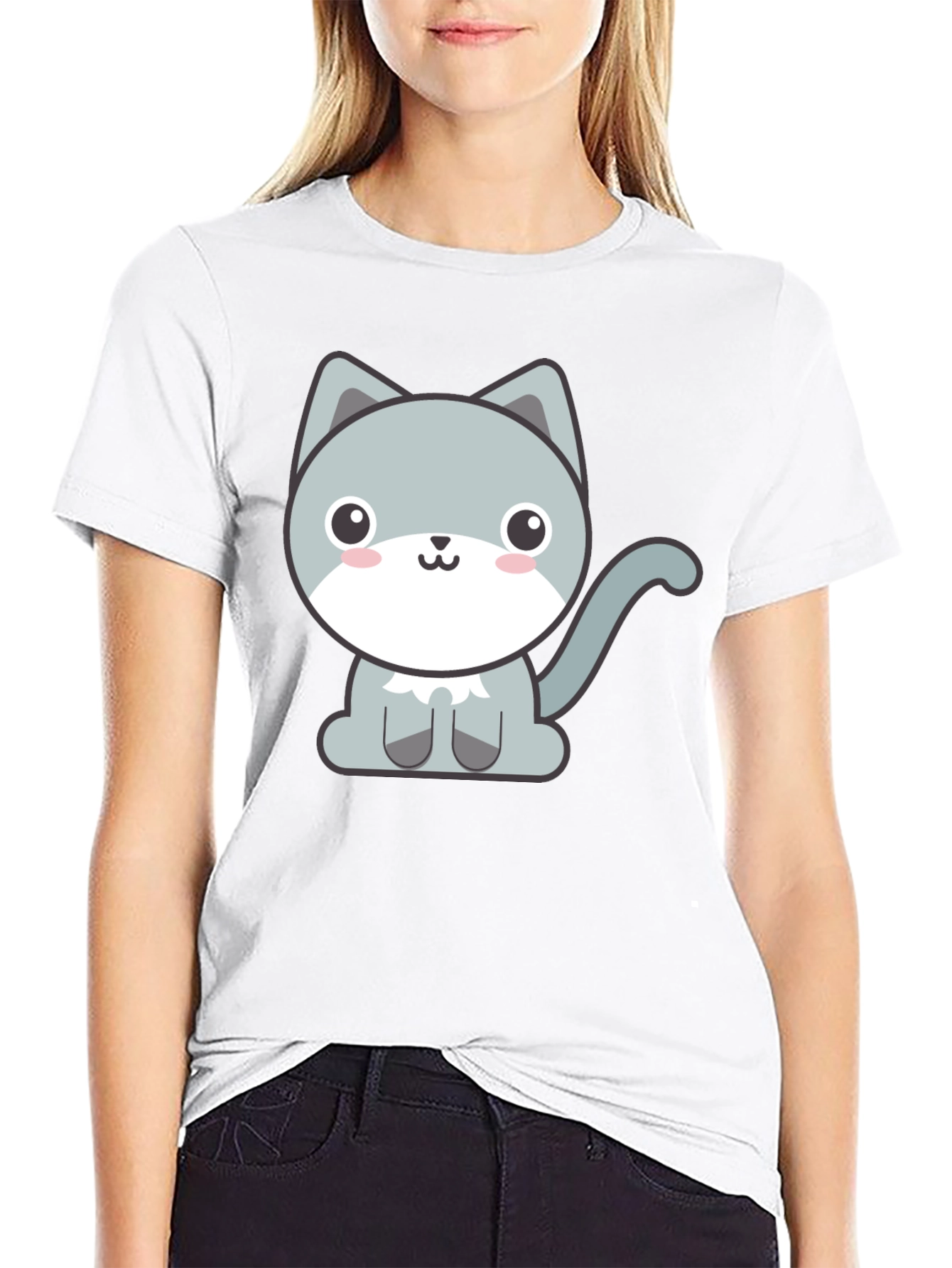 Black Cute Cartoon Cat Graphic Tee - Black T-Shirt view 9