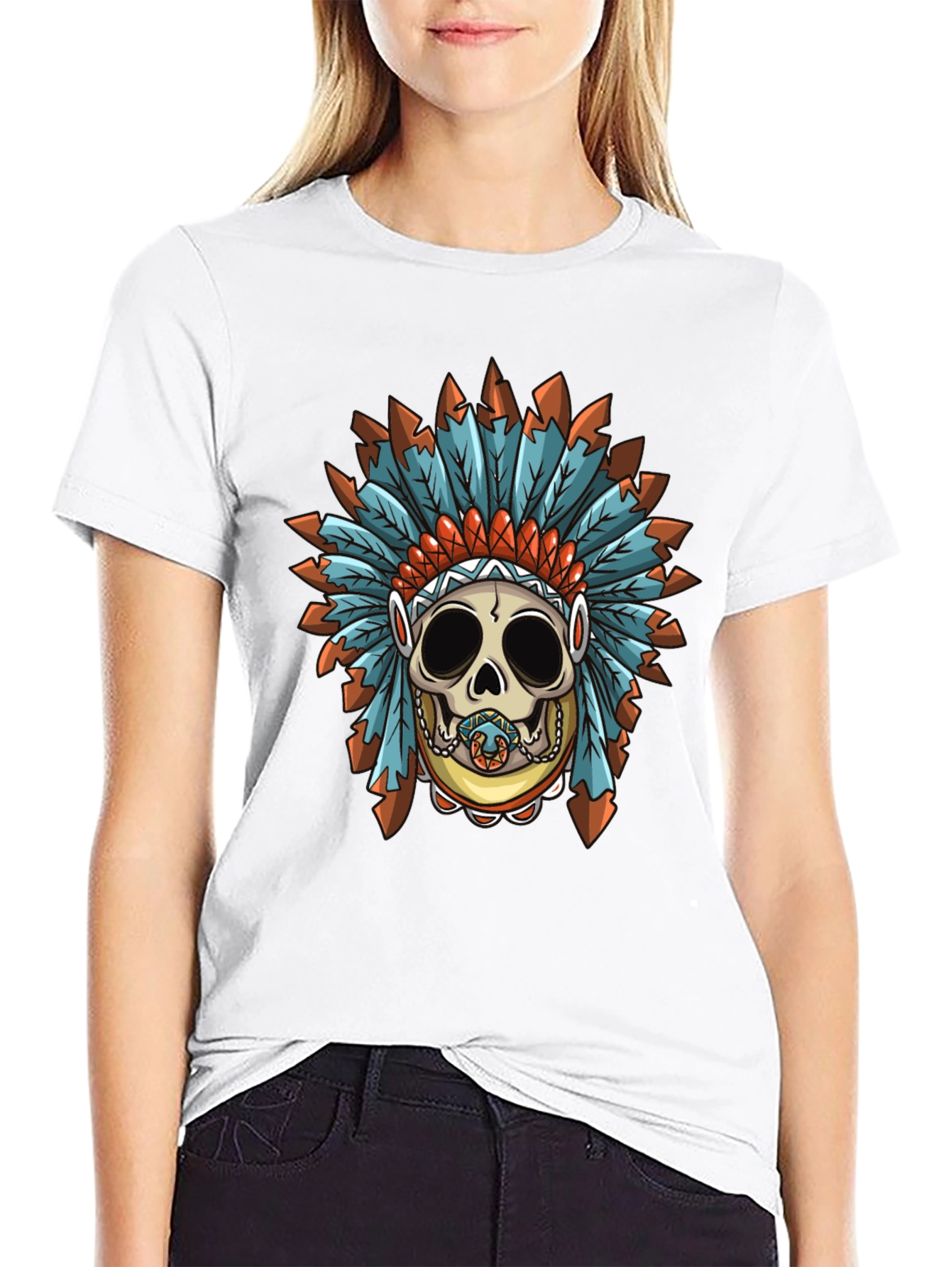 Black Skull Indian Headdress Graphic T-Shirt view 9