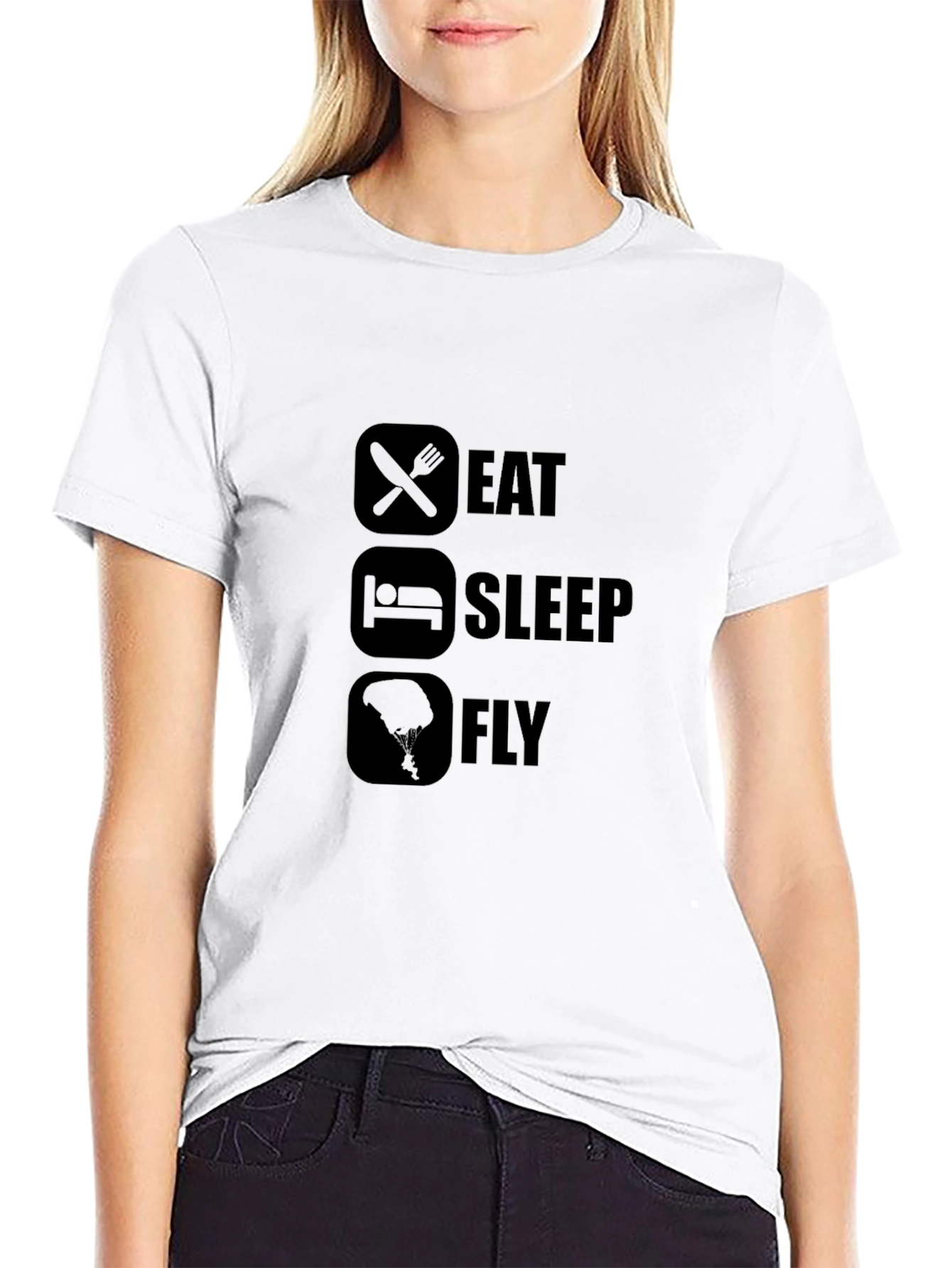 Black Eat Sleep Fly Graphic Tee - Black Cotton Casual T-Shirt view 9