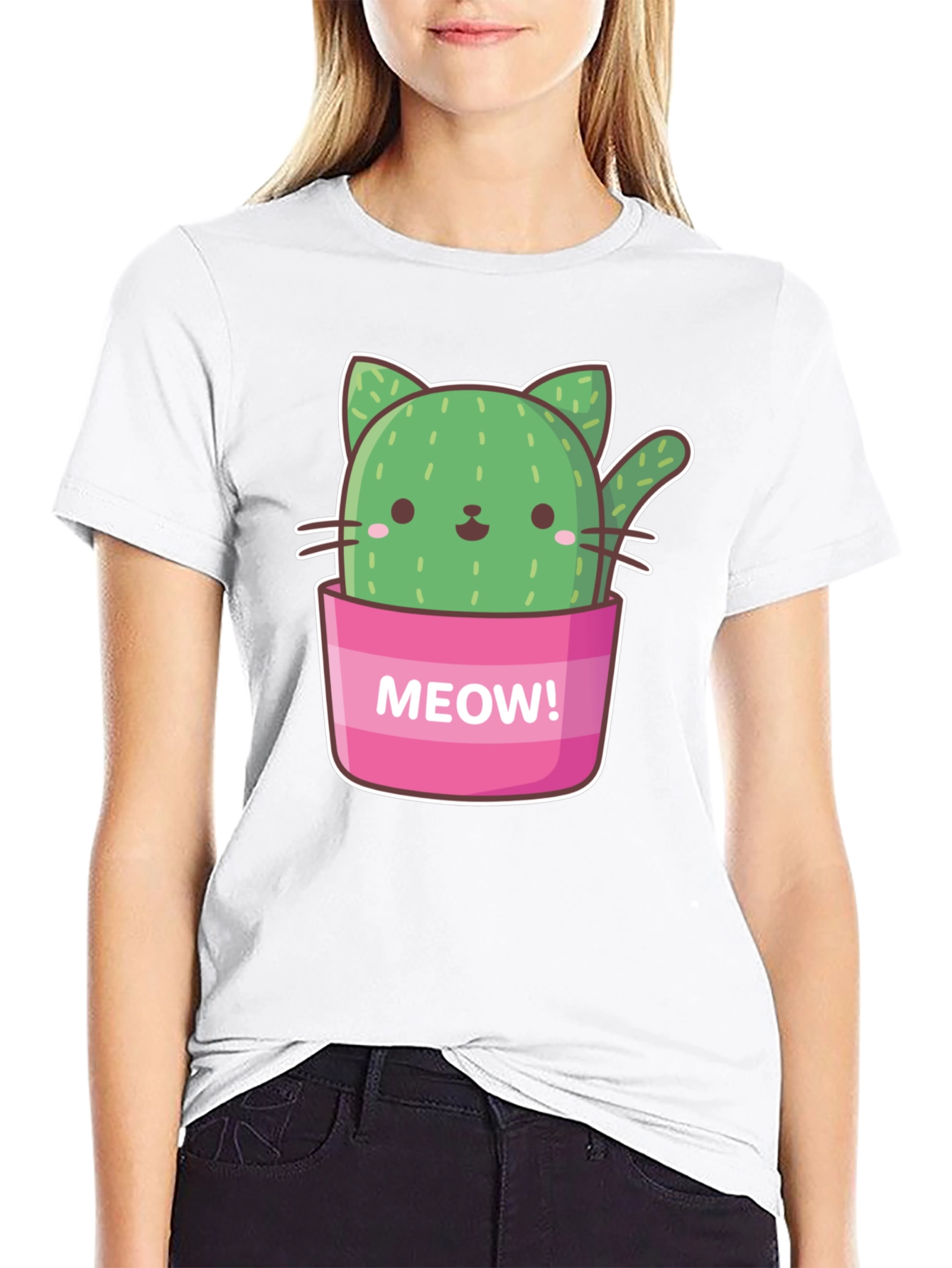 Black Cactus Cat Graphic T-Shirt - "Meow!" Design view 9
