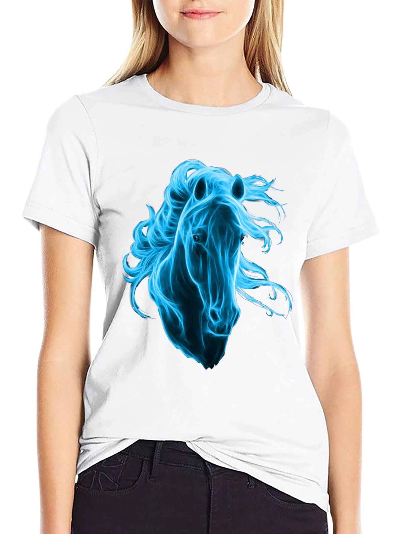 Black Men's Black T-Shirt with Blue Horse Graphic view 9