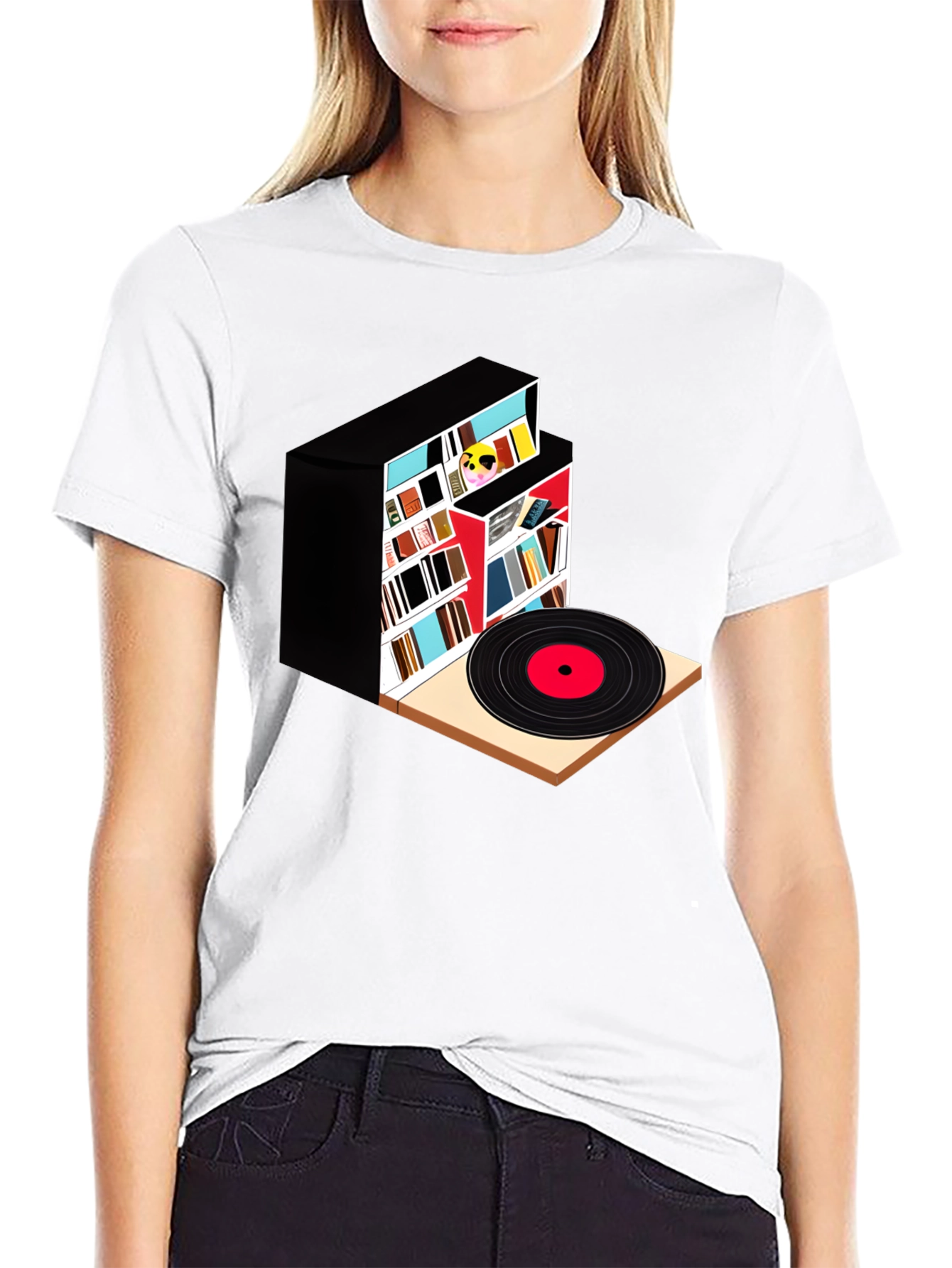 Black Bookcase and Vinyl Record T-Shirt view 9