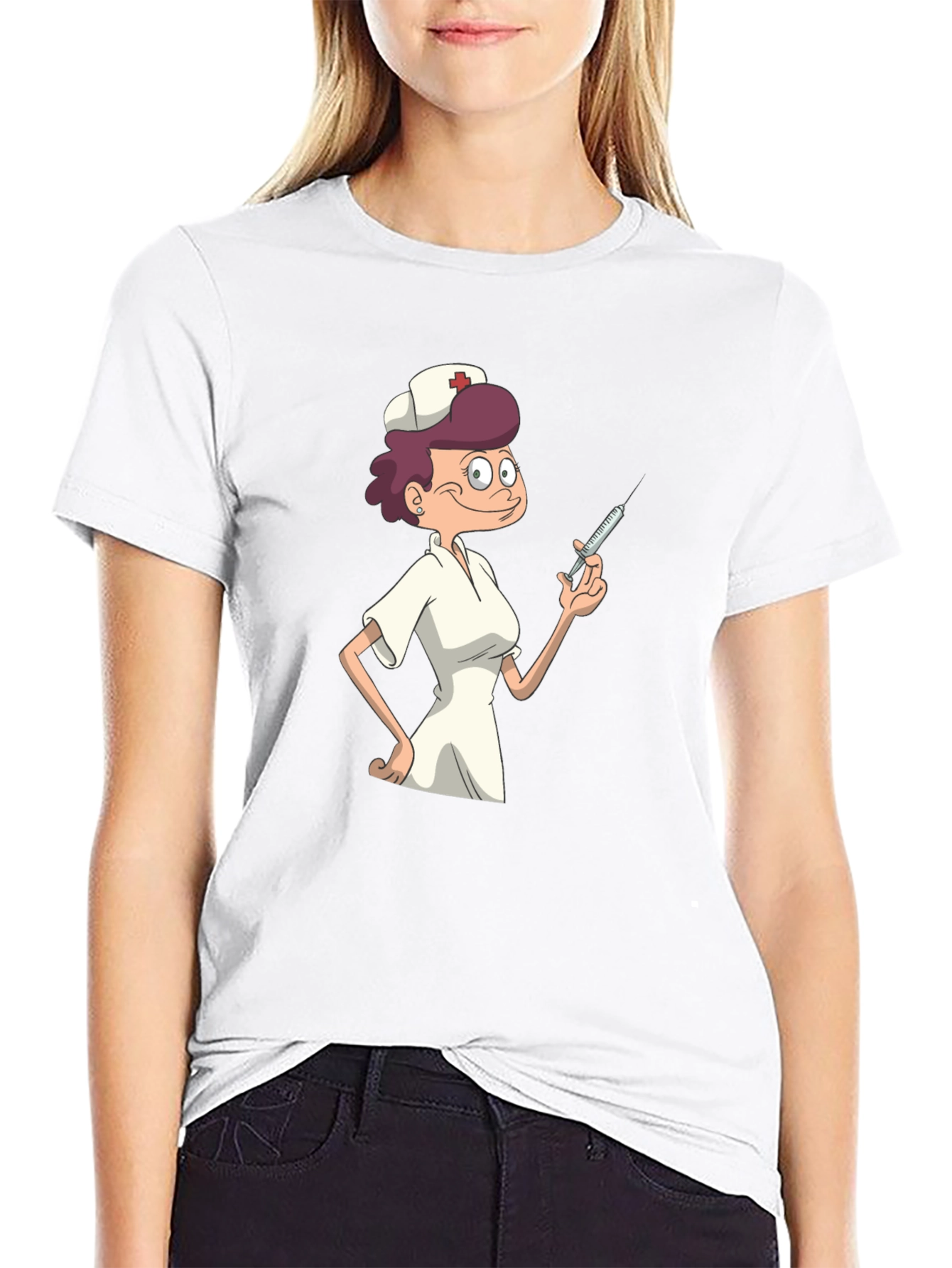 Black Nurse Cartoon Graphic T-Shirt - Black Casual Tee view 9