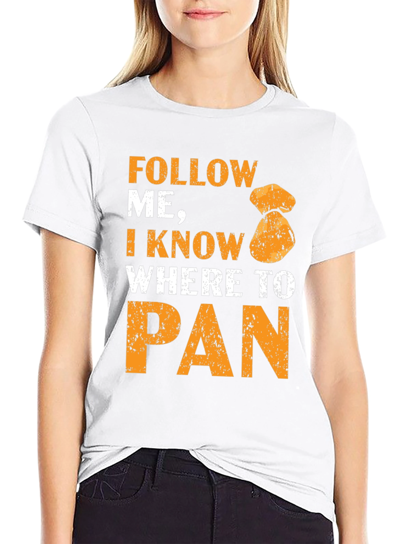 Black Follow Me I Know Where To Pan T-Shirt Gold Panning view 9