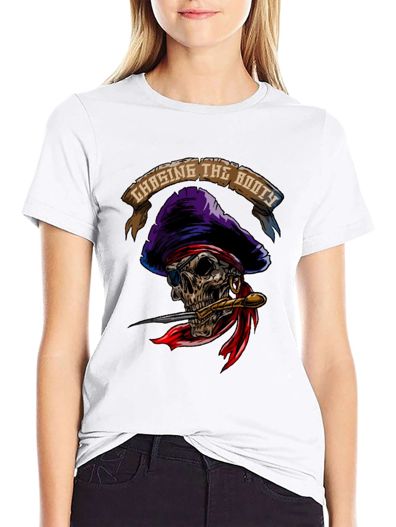 Black Chasing The Booty Pirate Skull Graphic T-Shirt view 9