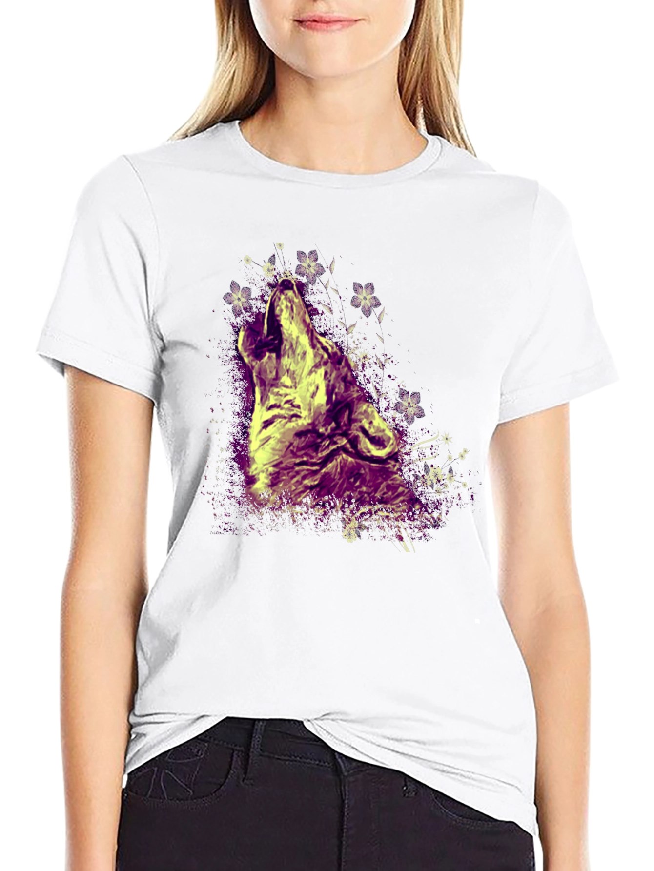 Black Wolf Howling T-Shirt - Graphic Print Crew Neck Tee view 9