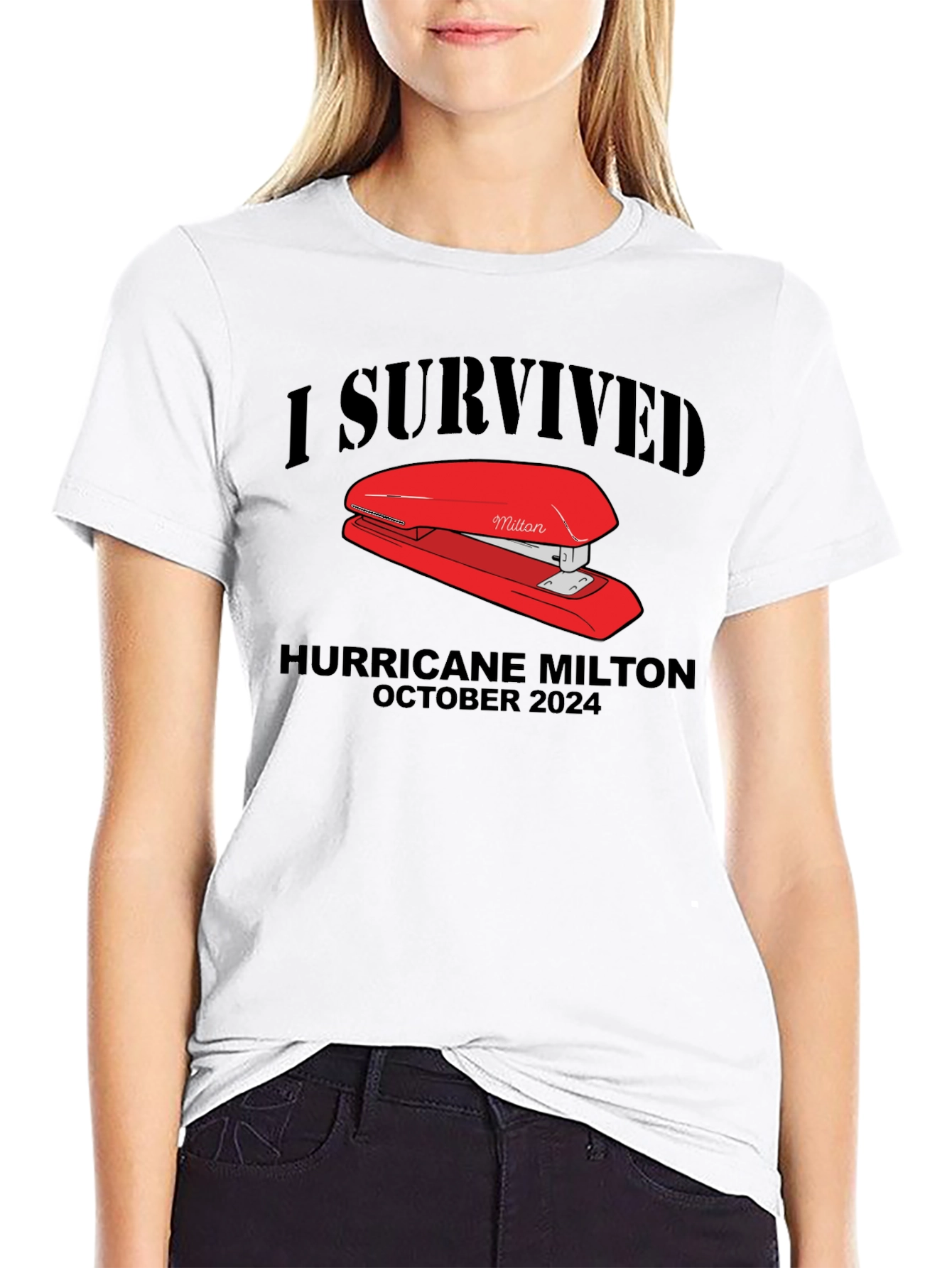 Black I Survived Hurricane Milton Stapler Black T-Shirt view 9
