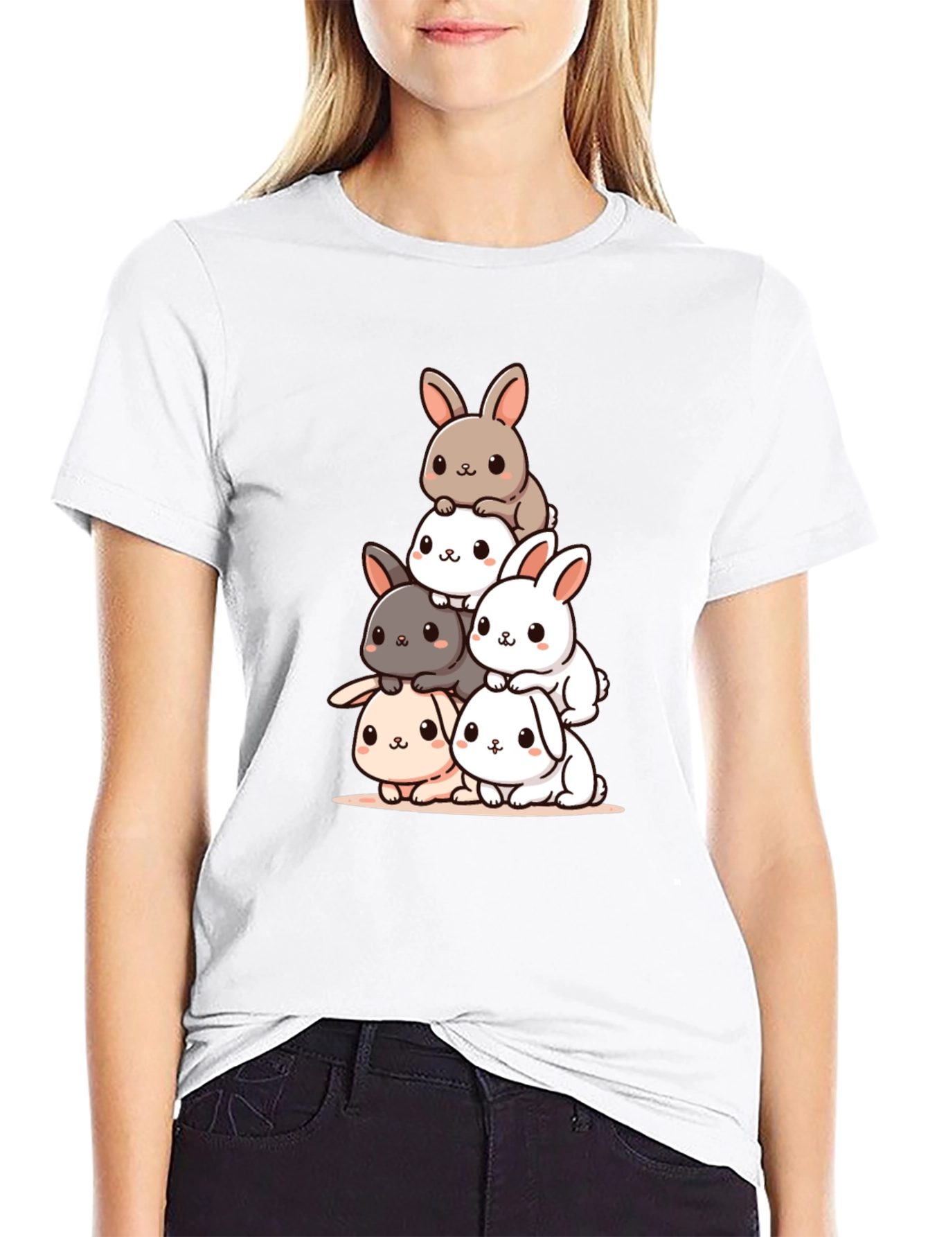 Cute Bunny Stack Graphic Tee - Black Cotton Blend - 9