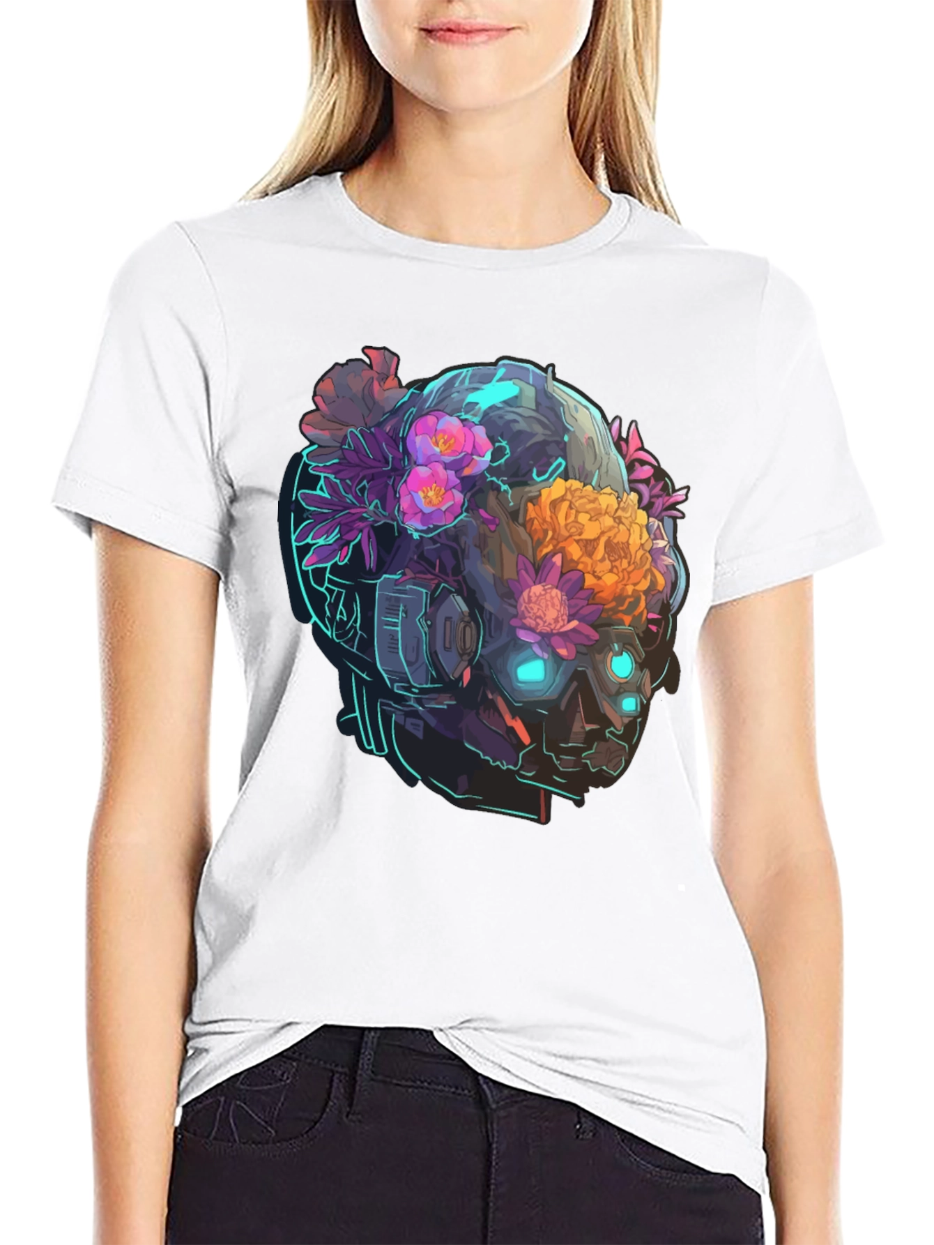 Black Floral Cyberpunk Skull T-Shirt - Unique Graphic Tee view 9