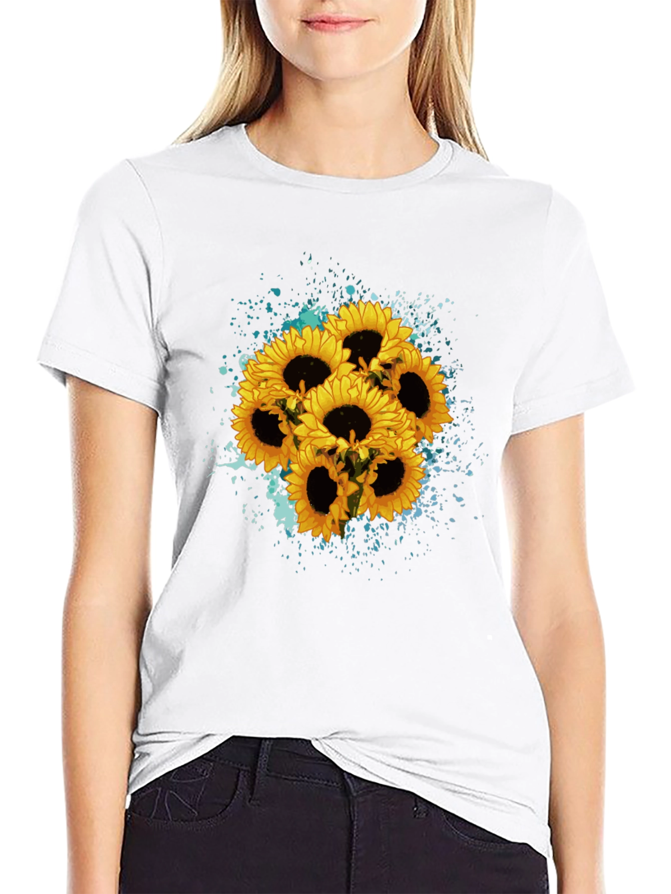 Black Sunflower Splash Black T-Shirt - Floral Graphic Tee view 9