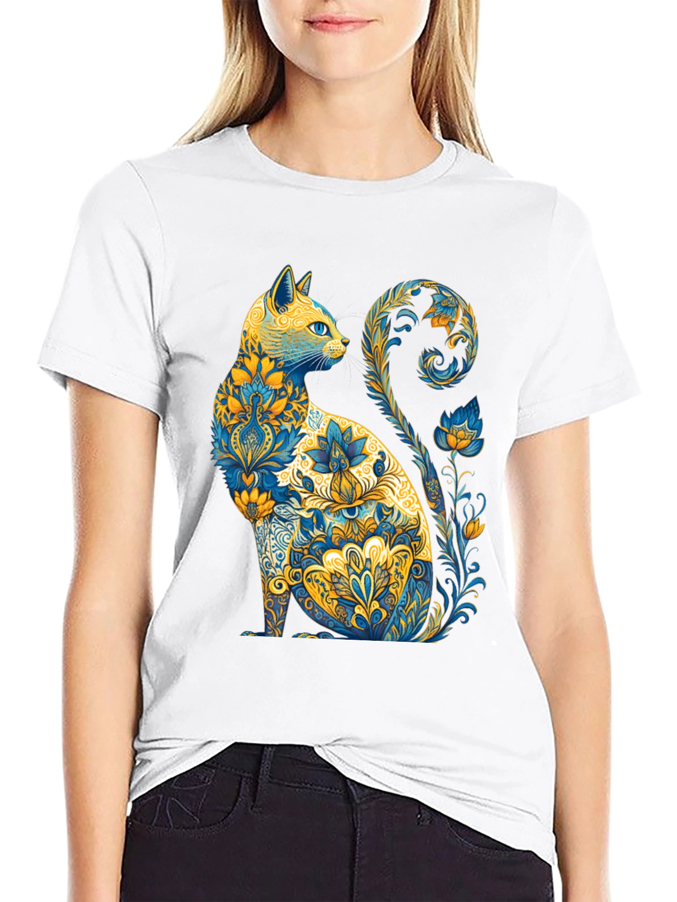 Black Floral Cat Graphic T-Shirt - Unique Design view 9