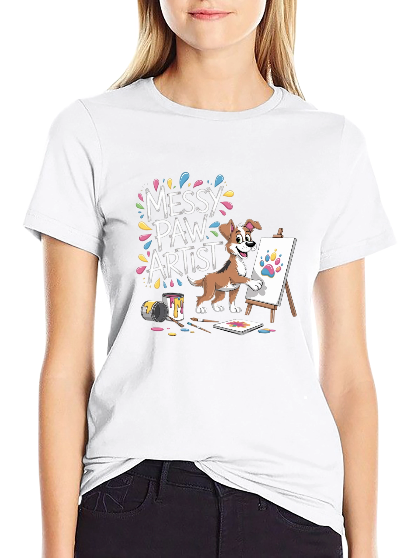 Black Messy Paw Artist T-Shirt - Cute Dog Painting Design view 9