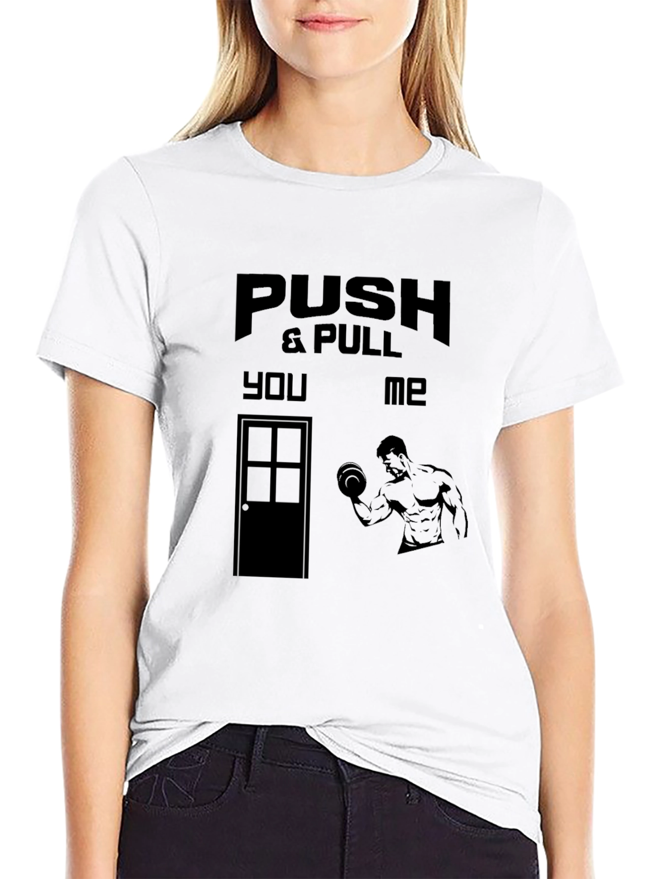 Black Push and Pull T-Shirt: Humorous Gym Apparel view 9