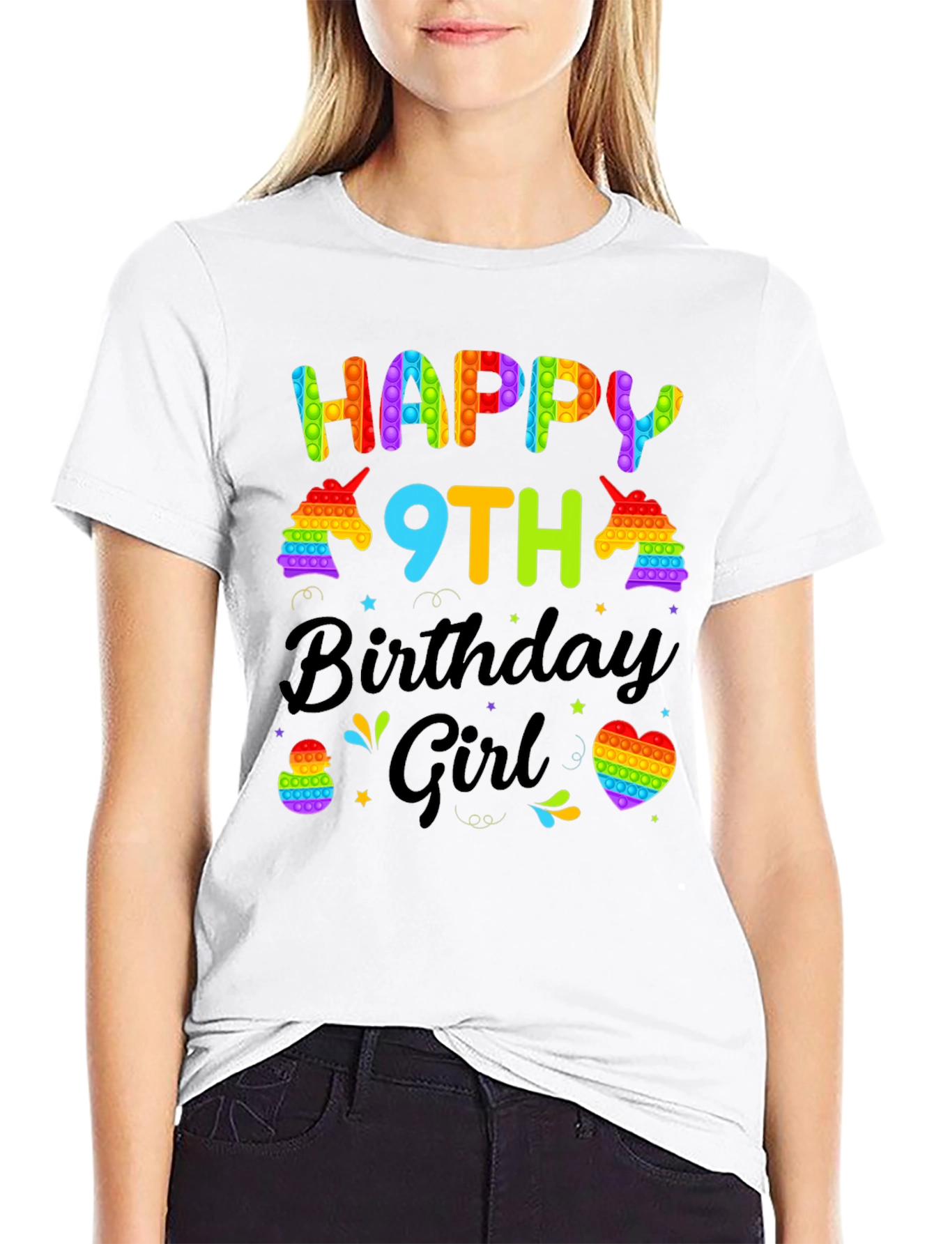 Black Happy 9th Birthday Girl T-Shirt - Pop It Unicorn view 9